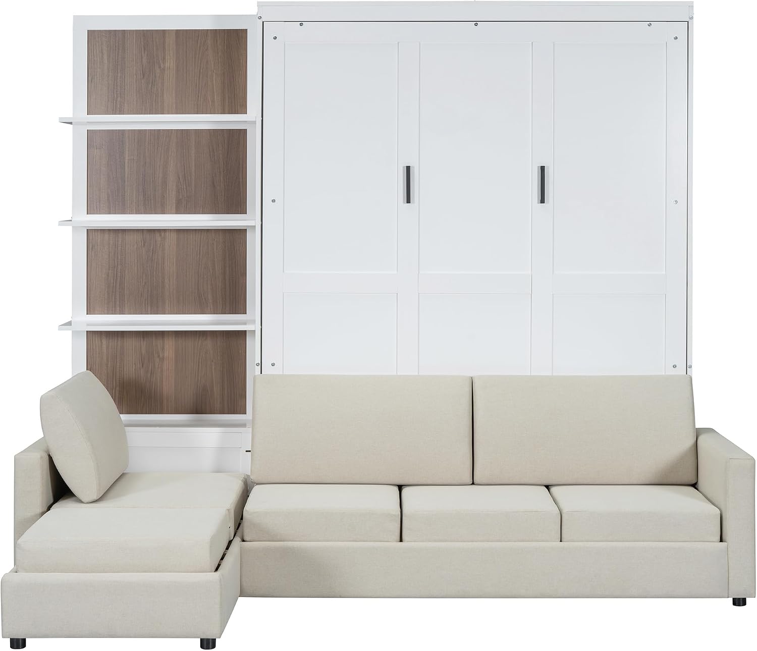 Harper & Bright Designs Queen Size Murphy Bed, Wood Queen Wall Bed with Sofa and Shelves, White