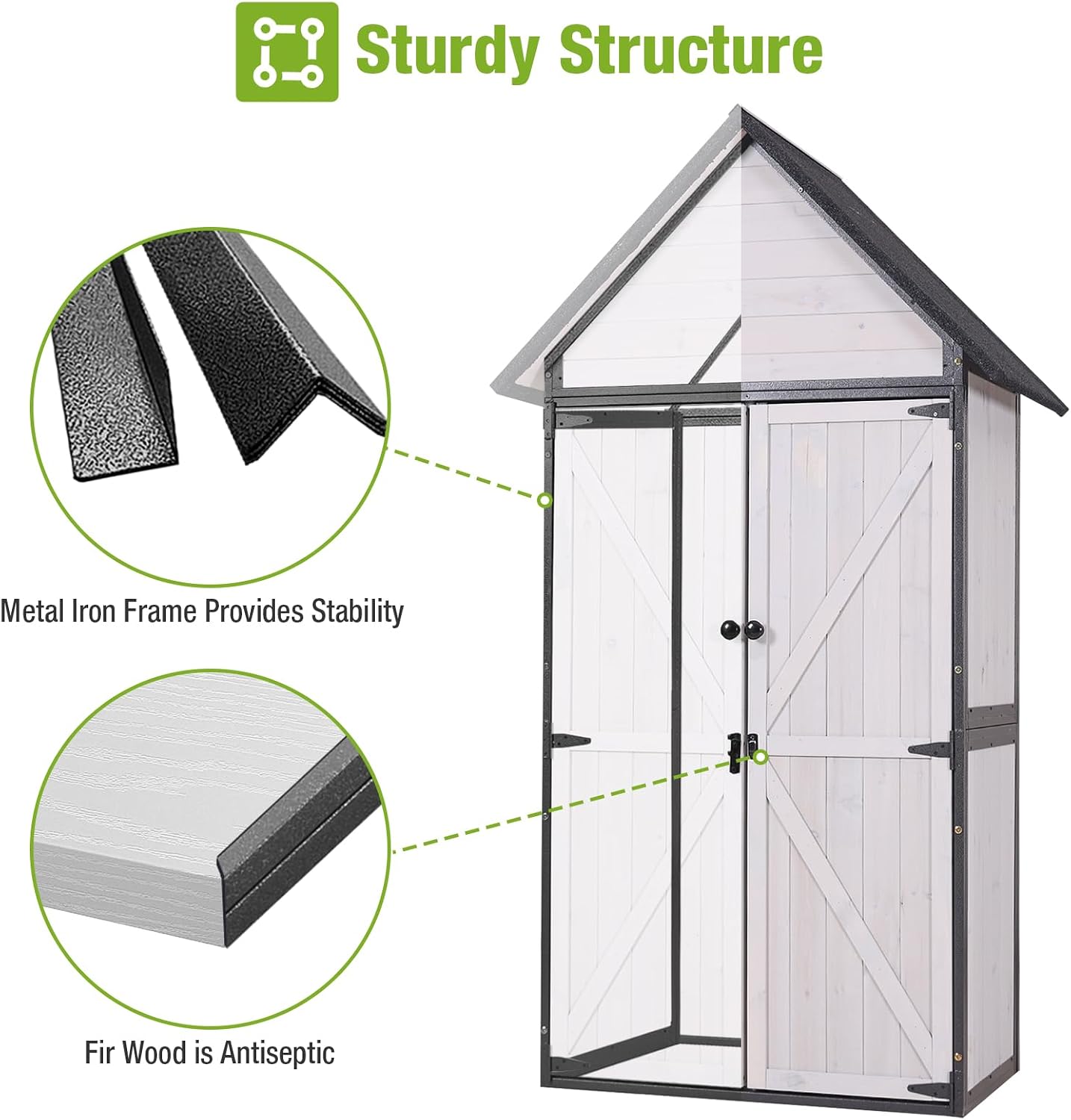 GUTINNEEN Outdoor Storage Shed with All Around Strong Metal Frame, Garden Tool Sheds Cabinet with Floor & Adjustable Shelves, Wooden Tool House for Backyard Garden Patio Lawn (White)