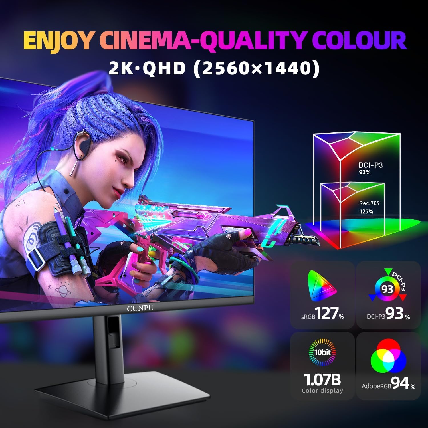 CUNPU 27 Inch 1440p Gaming Monitor 200Hz, 1ms, Fast IPS Screen, HDR400, 127% sRGB Color Gamut, Tilt Adjustable Stand, Adaptive Sync Technology, HDMI & DP Ports, 2K Monitor, Black