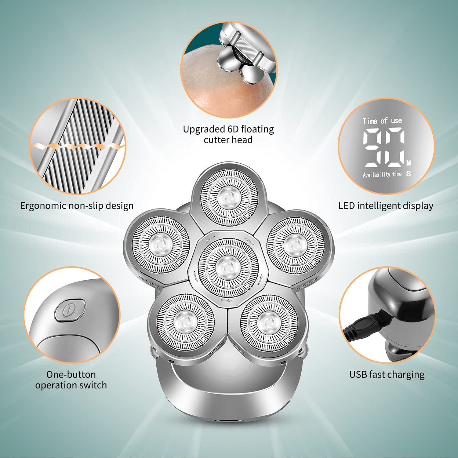 Electric Razor for Men, Professional Electric Razor 6 Blade Washable Shaving Rechargeable Beard Bald Electric Grooming Shaver Men Body Hair Trimmer