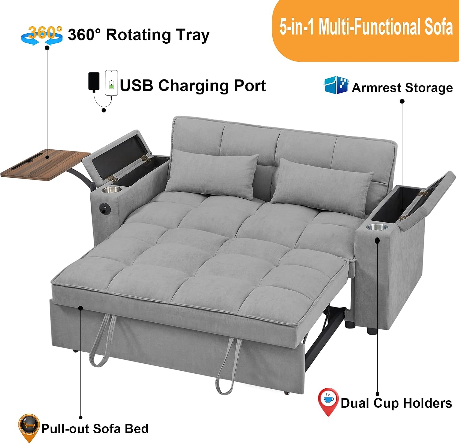 hansones 65'' Convertible Sofa Bed 3-in-1 Pull Out Couch, Folding Sleeper Sofa with 360° Swivel Side Table, Modern Chenille Fabric Futon, Small Space Living Room Furniture, Easy Assembly