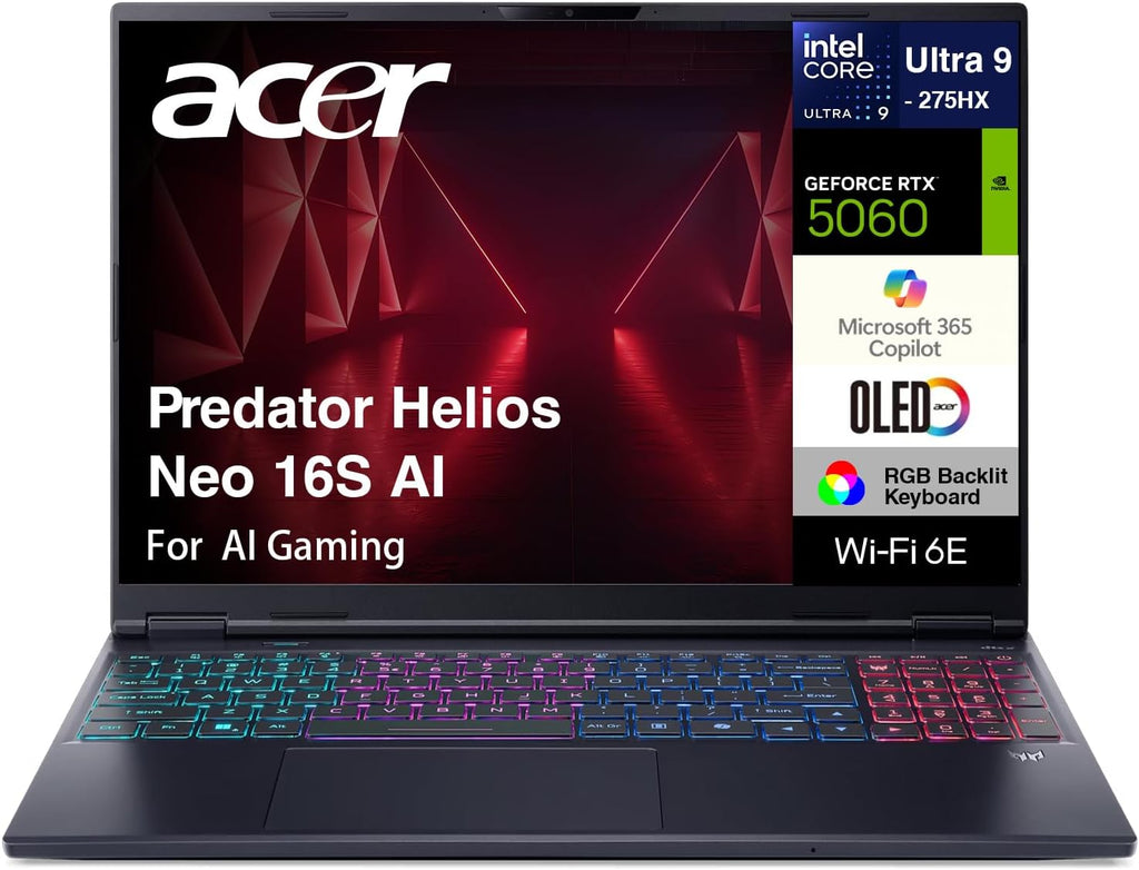 acer Predator Helios Neo 16S AI Gaming Laptop 16.0' 240Hz OLED WQXGA (Intel Ultra 9-275HX, GeForce RTX 5060 8GB, 16GB DDR5, 2TB PCIe SSD, Thunderbolt 4, Copilot, Win 11 Home) w/Dockztorm Hub