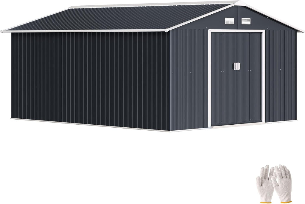 Outsunny 11' x 13' Outdoor Storage Shed, Garden Tool Metal Shed with Foundation Kit, Double Lockable Door, Air Vents and Sloping Roof, for Backyard, Patio, Lawn, Dark Gray