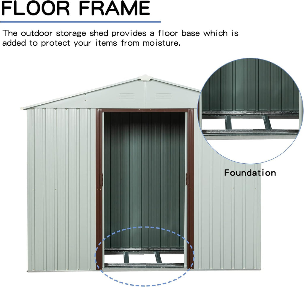 8 x 4 FT Outdoor Storage Shed, Metal Garden Shed with Floor Frame, Tool Shed Outdoor Storage with Lockable Sliding Doors & Air Vents, Storage House Waterproof for Backyard, Lawn, White