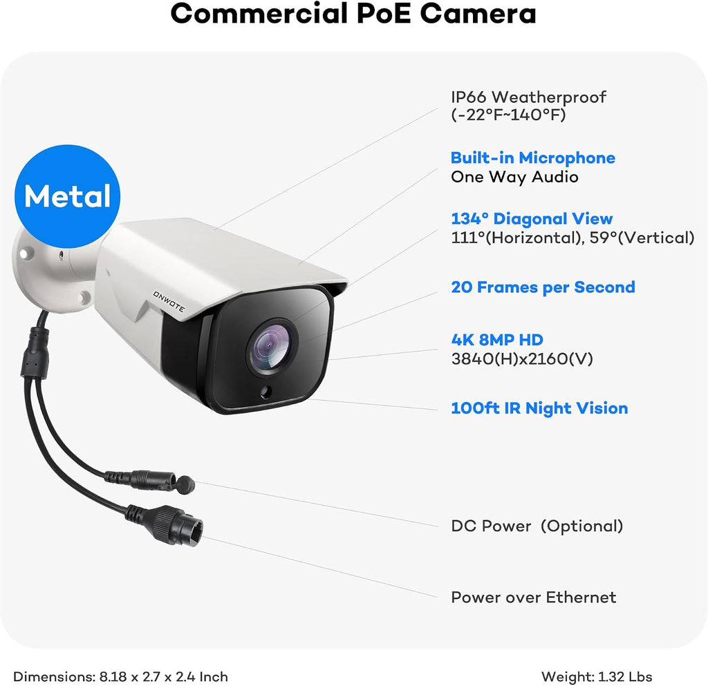ONWOTE 16 Channel 4K PoE Security Camera System, 16CH 12MP Commercial NVR 4TB, 16x 8MP 134° Outdoor IP Cameras with Audio, AI Detect Human Vehicle, 16x Cables (Total 1280ft), Wired CCTV for Businesses
