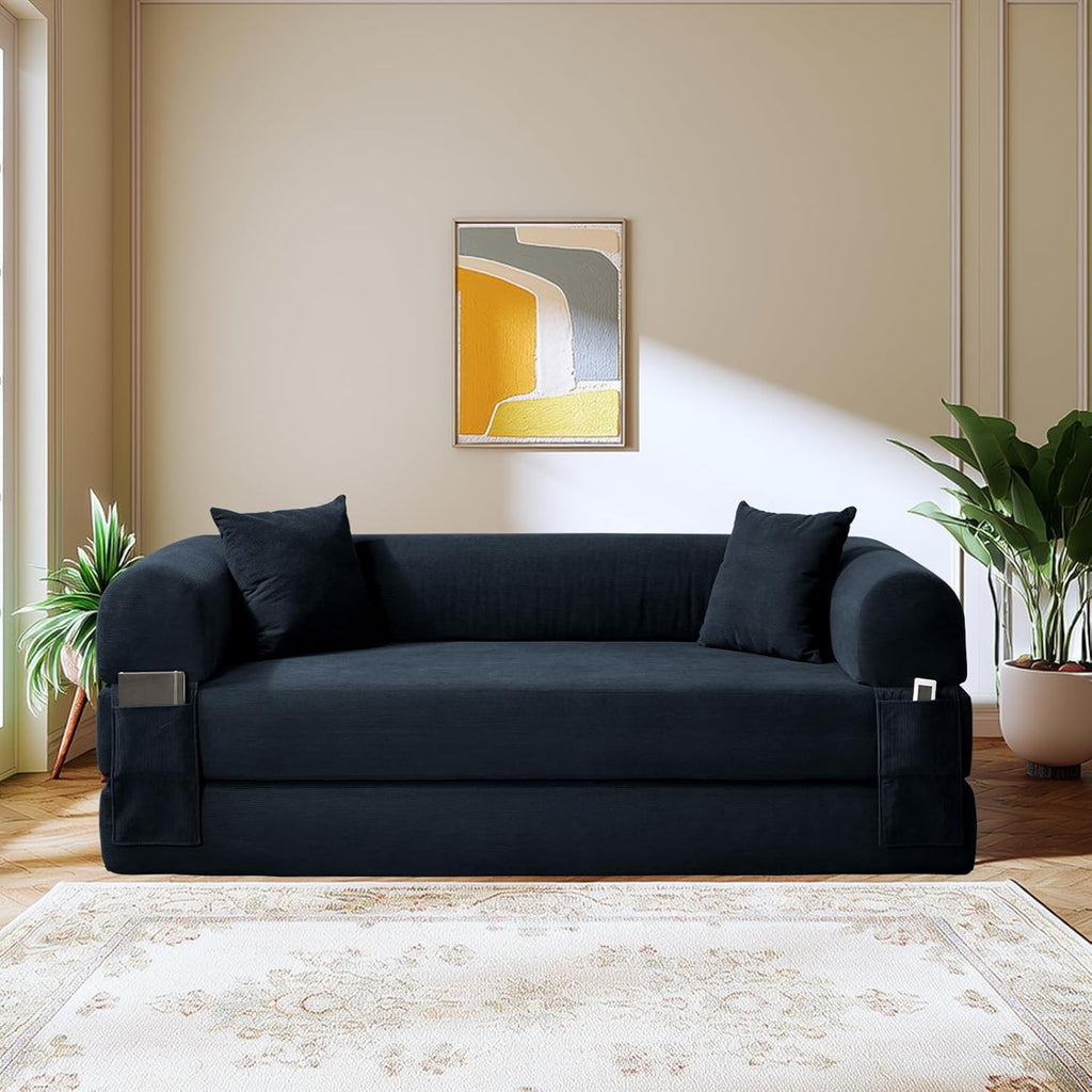 Convertible Sofa Bed Couch,80 Inch Boneless Couches for Living Room,Folding Sleeper Sofa Bed Queen with Storage,Corduroy Flod Out Couch Compressed Couch in a Box,Deep Blue