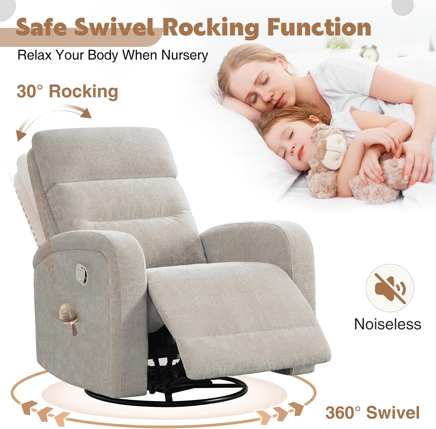 Swivel Rocker Recliner, 360° Swivel Nursery Glider Recliner, Rocking Recliner Chairs with Pockets and Large Arms for Living Room, Manual Chenille Camel