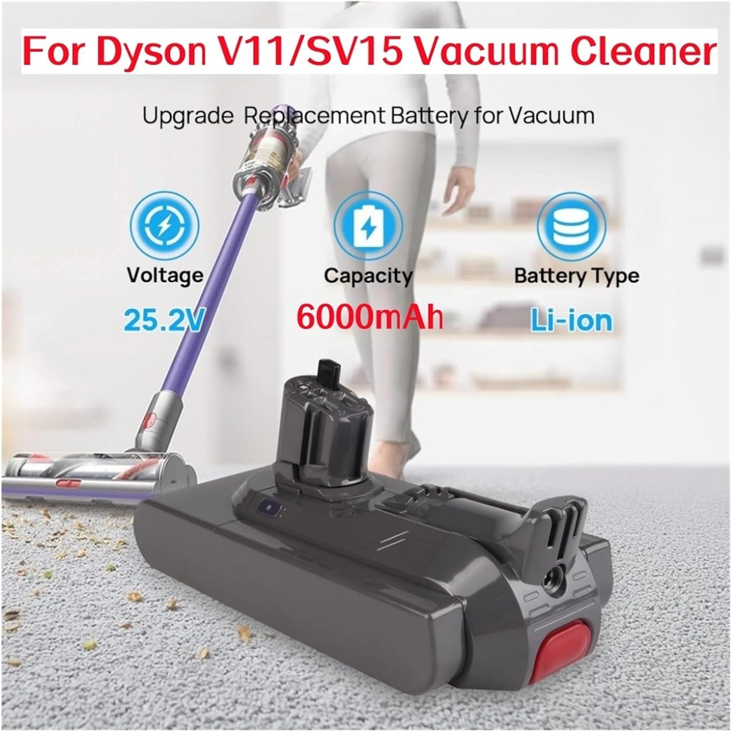 25.2V 6000mAh/8000mAh Rechargeable Battery, Compatible with Dyson V11 (SV15/SV16/SV17/SV18/SV22) Absolute/Animal/Fluffy Vacuum(8000mAh)