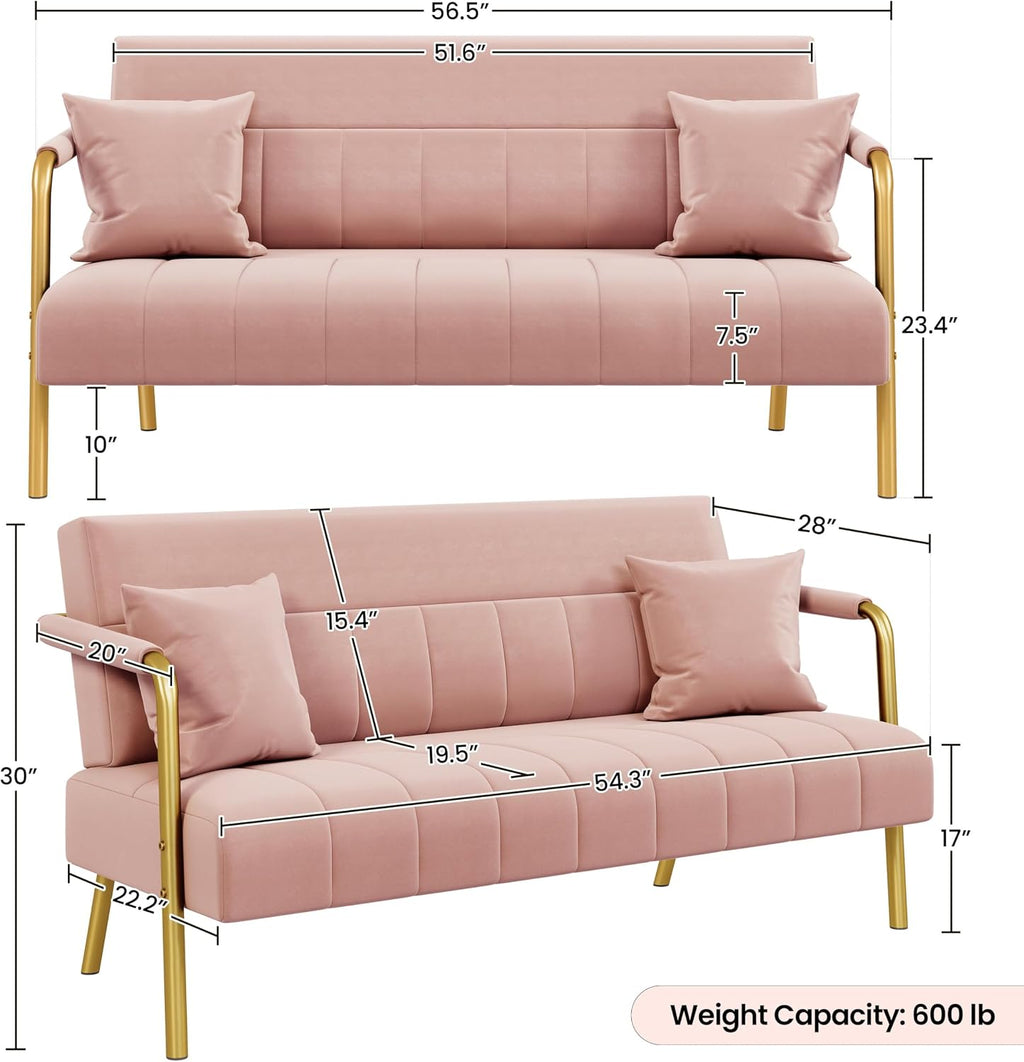 Yaheetech 56.5' W Modern Sofa Small Sofa Luxurious Velvet Fabric Couch with Gold-Tone Metal Arms and Legs for Living Room, Home Office, Studio Pink