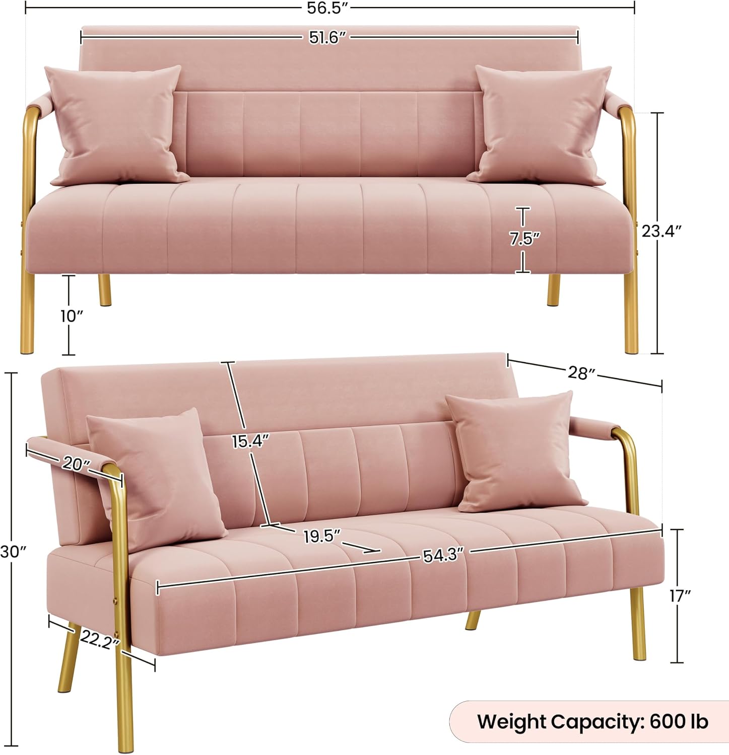 Yaheetech 56.5' W Modern Sofa Small Sofa Luxurious Velvet Fabric Couch with Gold-Tone Metal Arms and Legs for Living Room, Home Office, Studio Pink