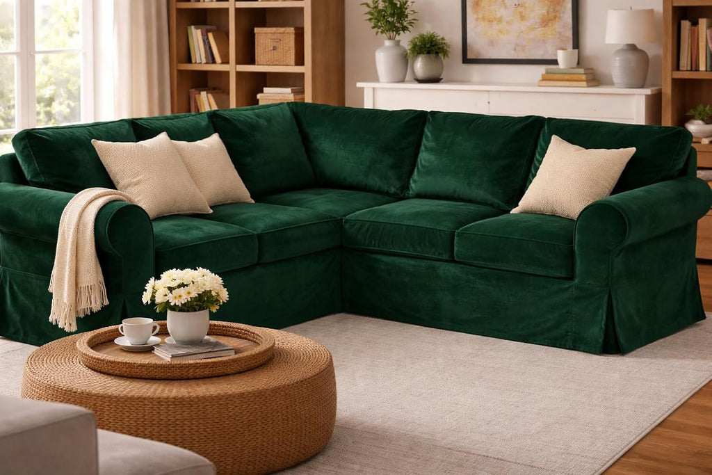 Velvet Pets Friendly Sectional Corner Sofa Covers Made Compatible with IKEA Ektorp 4 Four Seat Couch Sofa Slipcovers (Velvet Green Ektorp 2+2)
