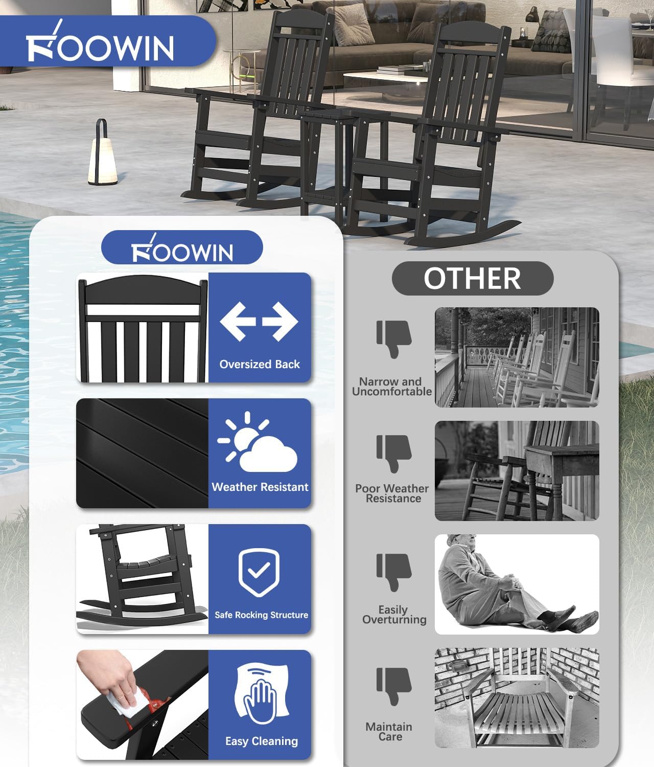 FOOWIN 3-Piece Outdoor Rocking Chairs Set, High Back Patio Rocker with Side Table, HDPE All Weather Resistant Oversized Rocking Chairs for Indoors, Porch, Patio, Backyard, Black (Black, 3-Set)