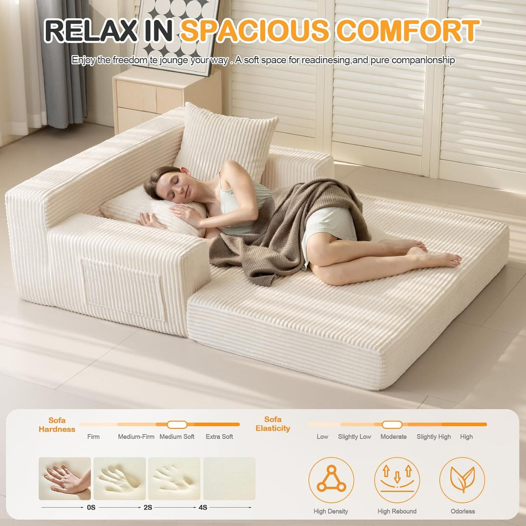 Erament Convertible Sofa Bed, Loveseat Folding Floor Futon Sleeper Sofa Couch Bed- Boneless Foldable Couch, Corduroy Pull Out Sofa Bed with 2 Pillows for Living Room & Bedroom