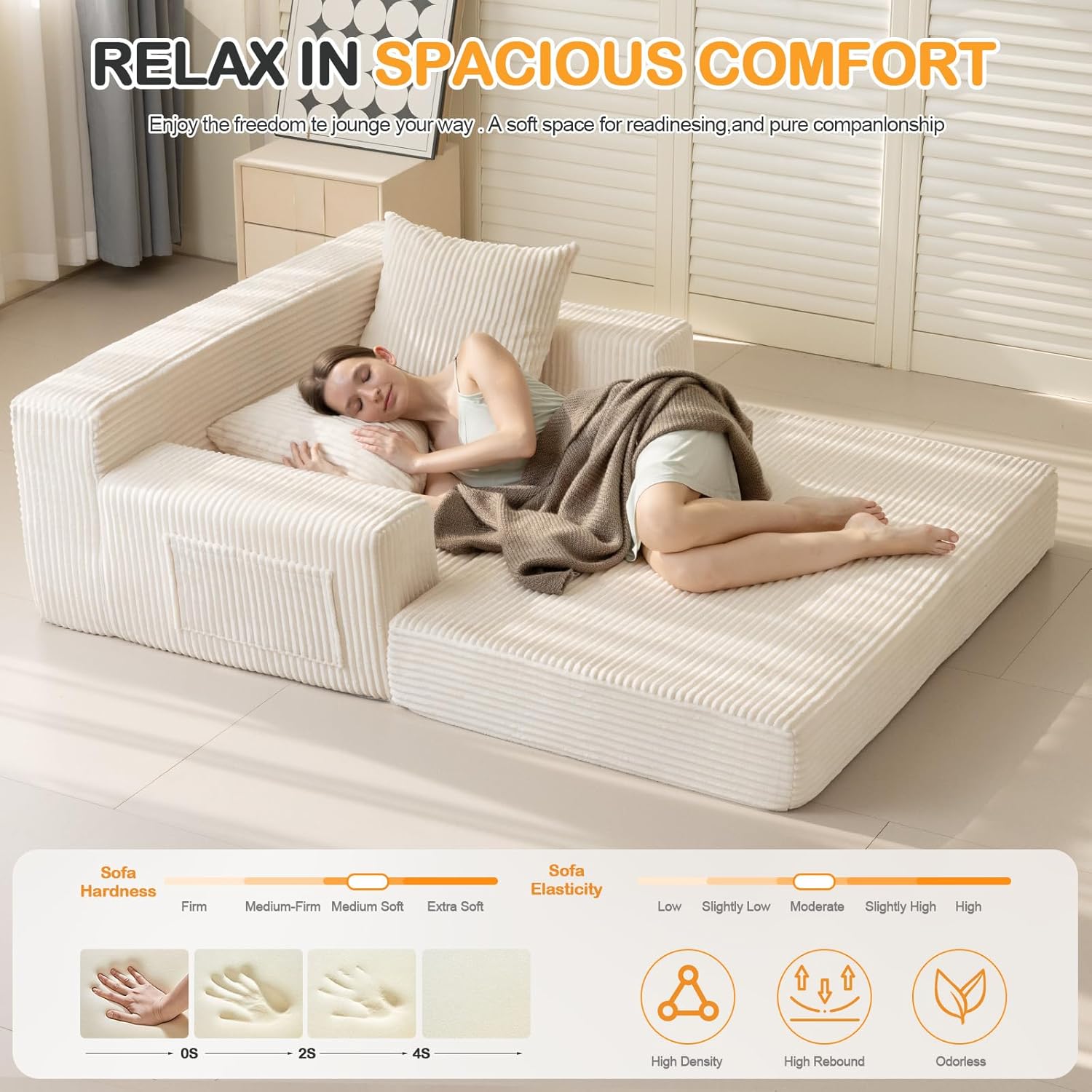 Erament Convertible Sofa Bed, Loveseat Folding Floor Futon Sleeper Sofa Couch Bed- Boneless Foldable Couch, Corduroy Pull Out Sofa Bed with 2 Pillows for Living Room & Bedroom