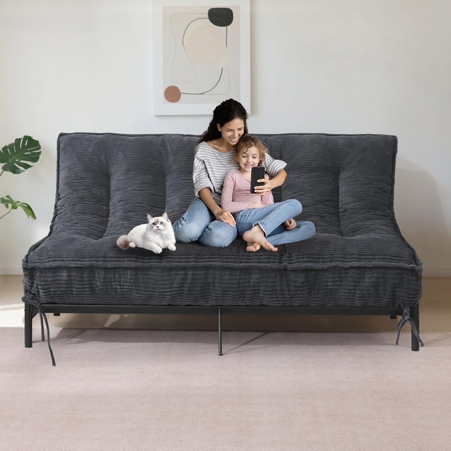 JUIKURY 8' Futon Mattress Full Size, Thick Futons Sofa Couch Bed Sleeper Sofa Bed, Floor Mattress for Adults, Roll Up Folding Mattres Shredded Foam Filling, Medium Firm(Frame Not Included)
