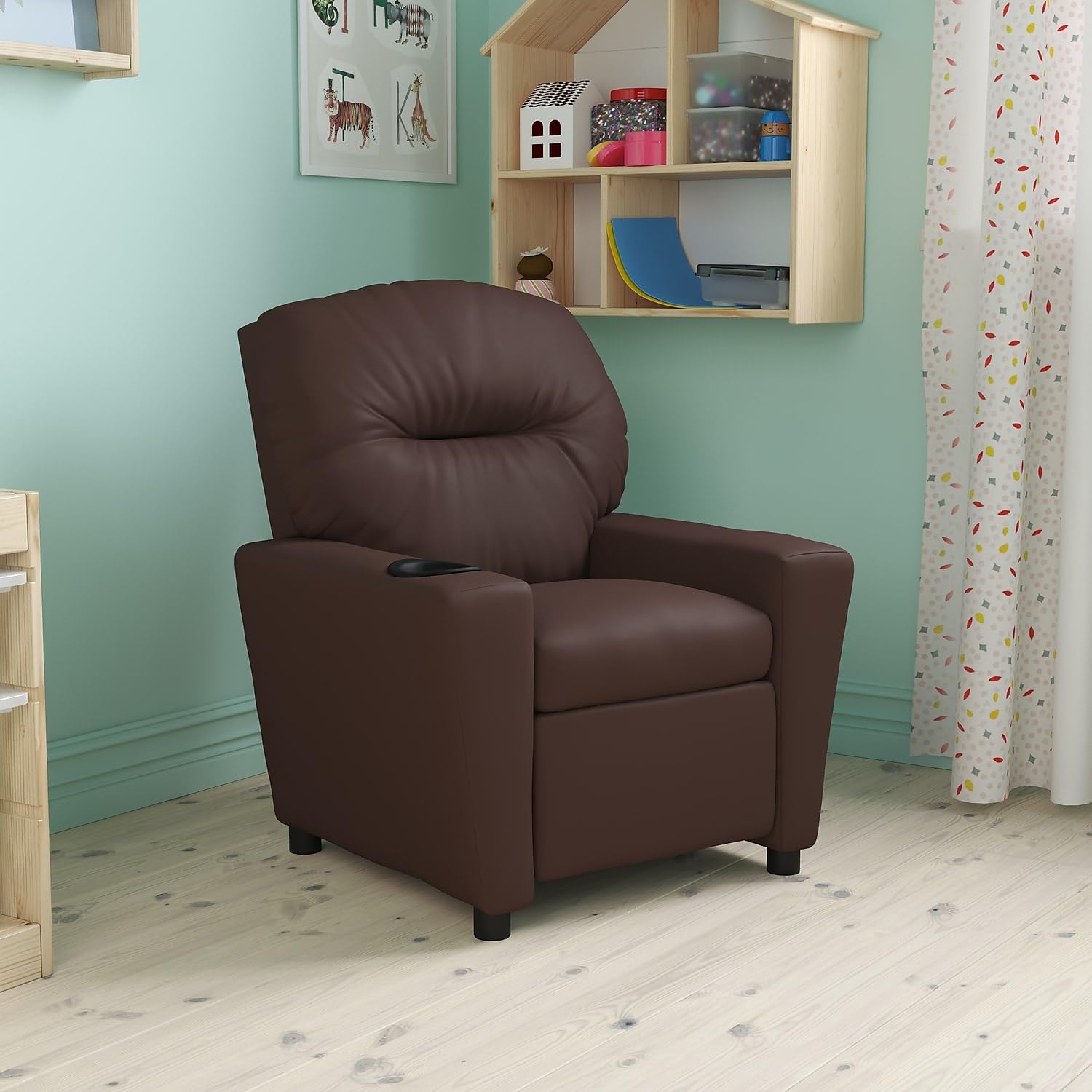 Flash Furniture Chandler LeatherSoft Kids Recliner with Cup Holder and Safety Recline, Contemporary Reclining Chair for Kids, Supports up to 90 lbs., Brown