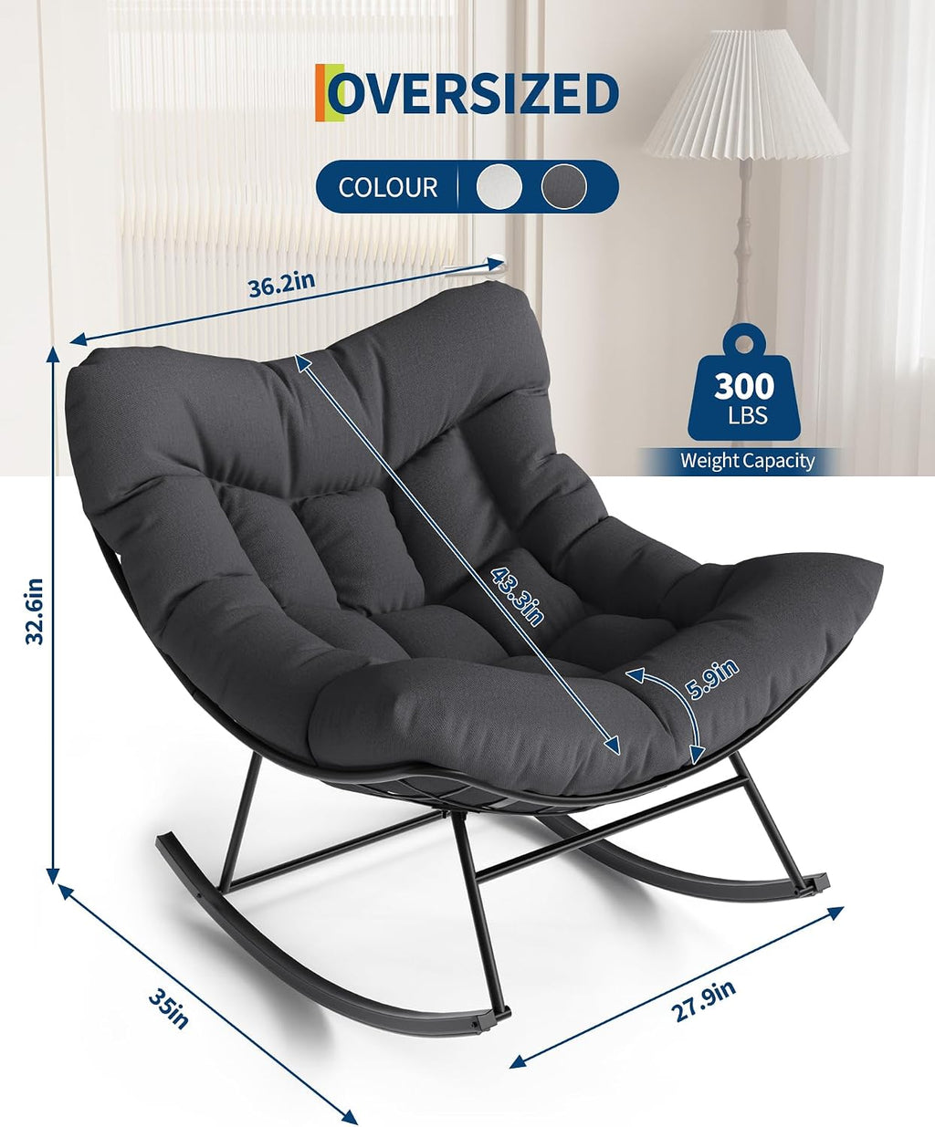 Patio Rocking Chair Indoor and Outdoor, Metal Lounge Rocker with Thick 6'' Cushion,350 Lbs Capacity,Grey Cushion