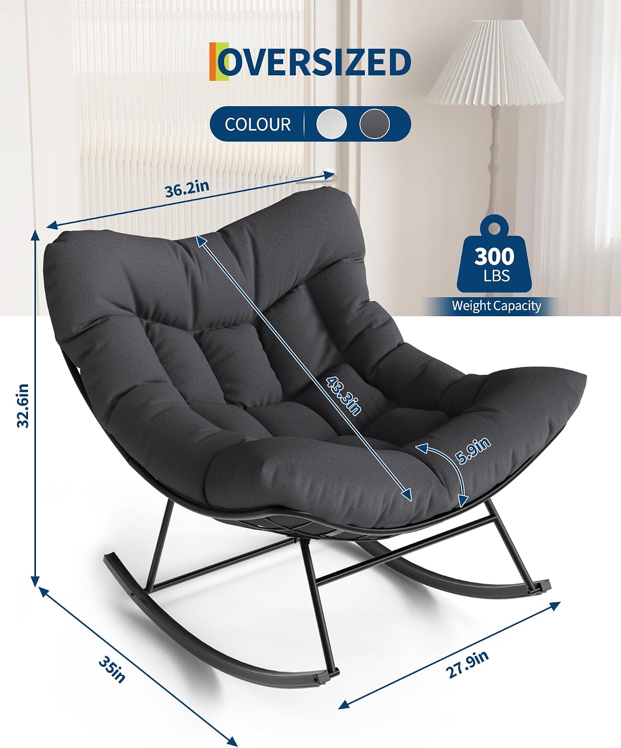 Patio Rocking Chair Indoor and Outdoor, Metal Lounge Rocker with Thick 6'' Cushion,350 Lbs Capacity,Grey Cushion