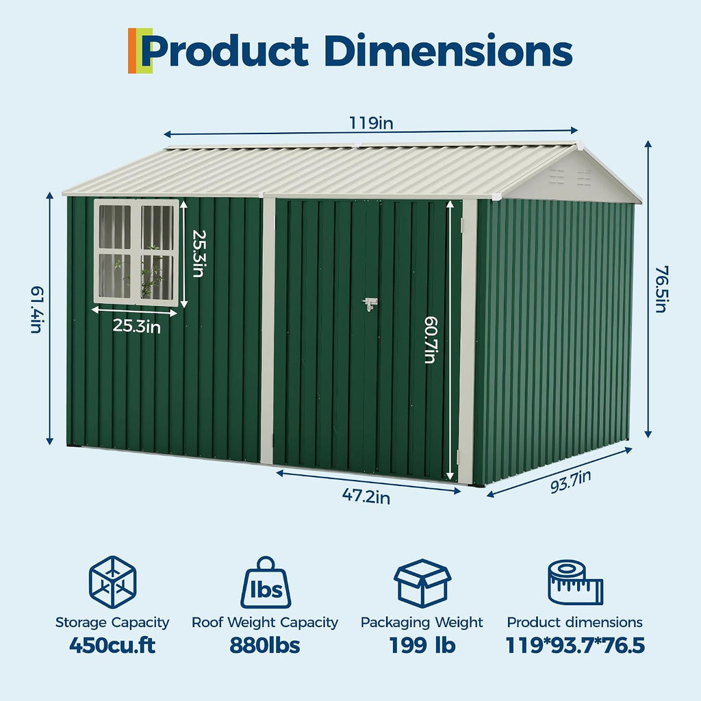 GarveeLife 8x10 FT Outdoor Storage Shed,450CU.T Metal Tool Shed with Clear Window, Lockable Doors,Large Garden Storage Box with Sloping Roof，Sheds&Outdoor Storage for Backyard Garden Patio Lawn, Green