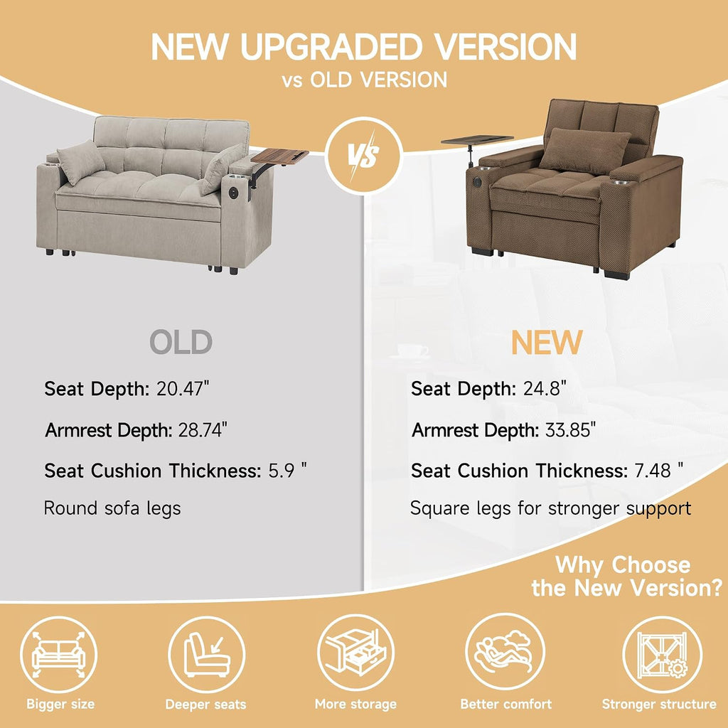 oaaktu Large Size Convertible Sleeper Chair Futon Sofa Bed, Comfortable Thick Cushion Single Sleeper Sofa Handheld Storage and Adjustable Backrest | Reading Chair with Rotating Small Table (Coffee)