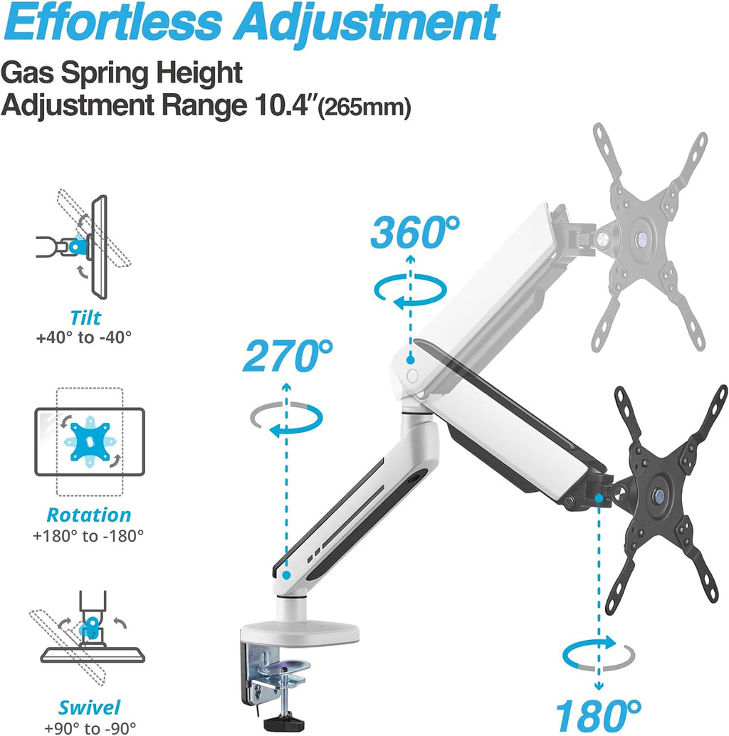 AVLT Single 27'-45' RGB Gaming Monitor Arm Desk Mount Built-in 20 Lighting Modes Touch Button Control Fits Flat/Curved/Ultrawide Screens Height Swivel Tilt Rotation Adjustable Stand -White