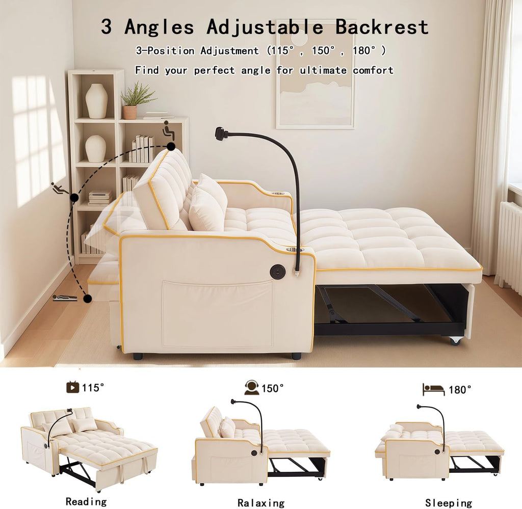 Convertible Sofa Bed, 3 in 1 Futon Sofa Bed with USB Charging Ports, Cup Holder, Phone Stand & Pocket, Modern Upholstered Sleeper Sofa for Living Room, Apartment or Small Space (Beige-L)