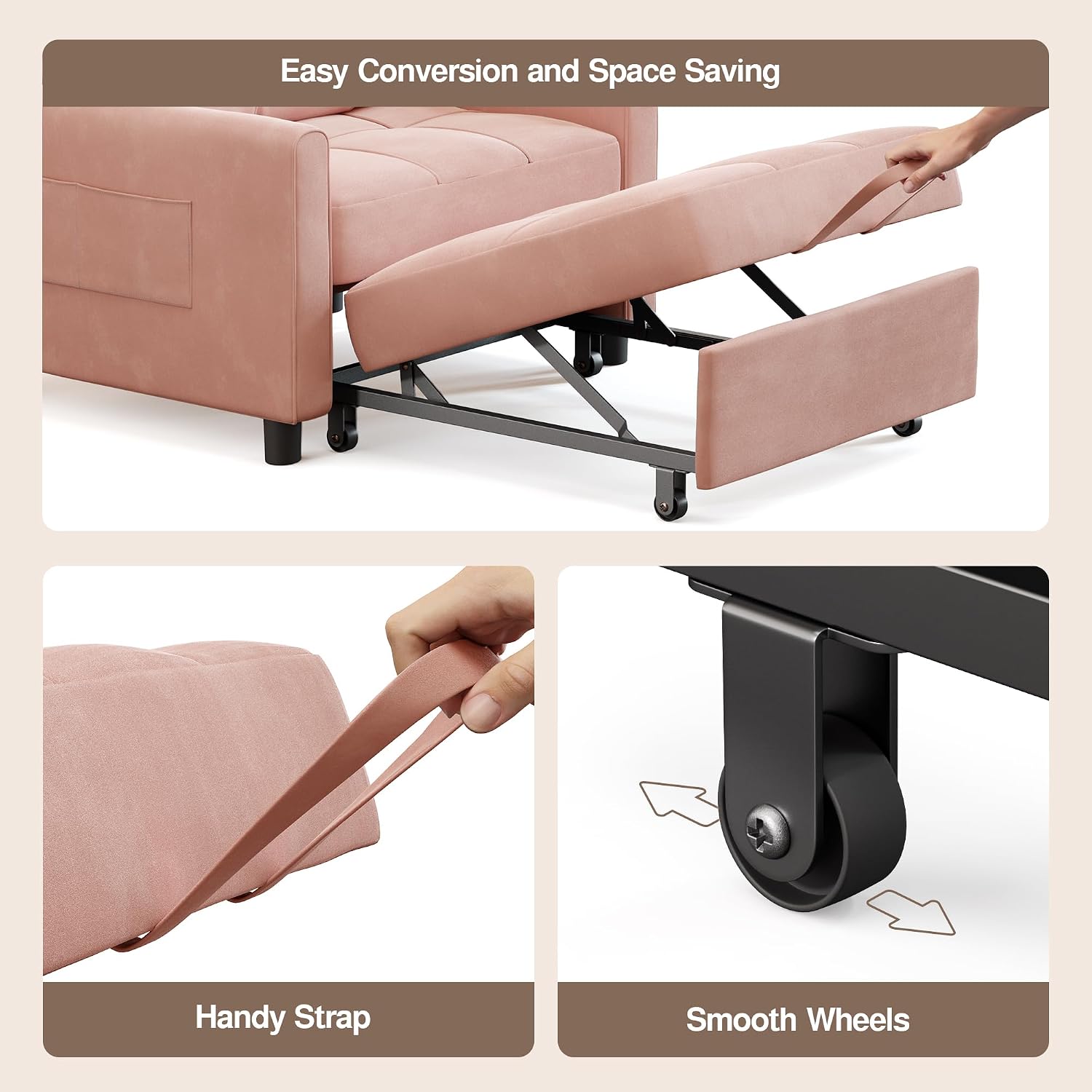 Ahomly Convertible Sleeper Chair Sofa Bed with 3-in-1 Design, Adjustable Backrest, and Storage Pocket for Living Room, Pink