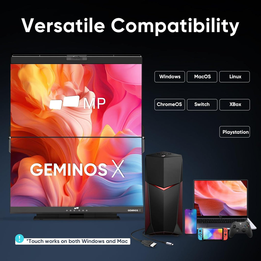 MP Mobile Pixels Geminos X (2 x 24 inch) Dual Stacked Computer Monitor, All-Inclusive Workstation, 65W USB-C Charging 2K Bottom Touchscreen, 1080P Webcam&Speakers, USB-A/USB-C/HDMI, Ergo Design