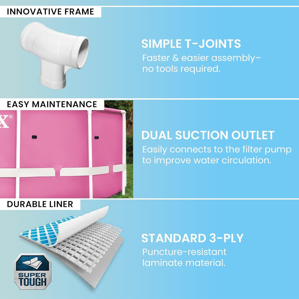 Intex 28290EH 8 Feet by 30 Inches Easy to Assemble Large Round Metal Frame Above Ground Swimming Pool with Dual Suction Outlet Fittings, Pink