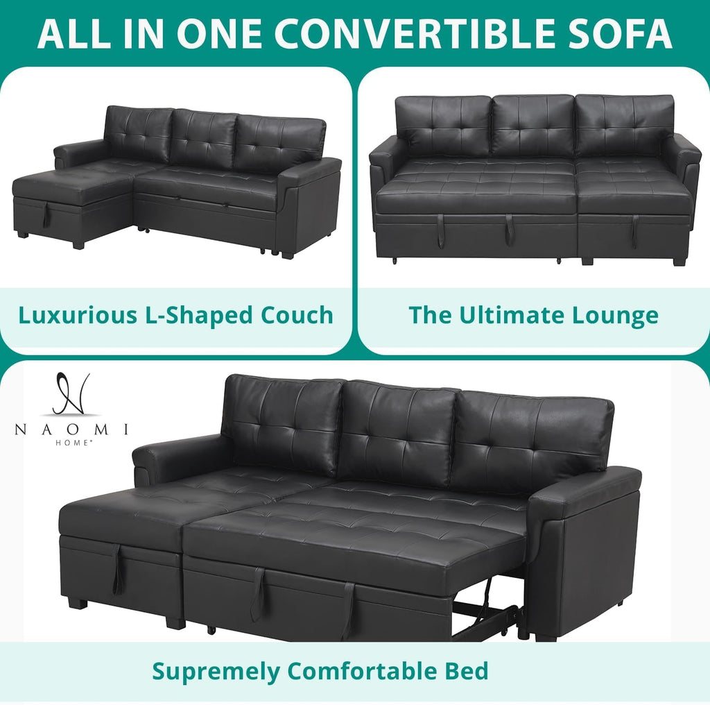 Naomi Home L Shaped Sectional Couch with Storage & Pull Out Bed – 3-in-1 Convertible Sleeper Sofa Bed, Small L Shape Sofa for Living Room, Sofa Bed with Storage Chaise in Black, Air Leather