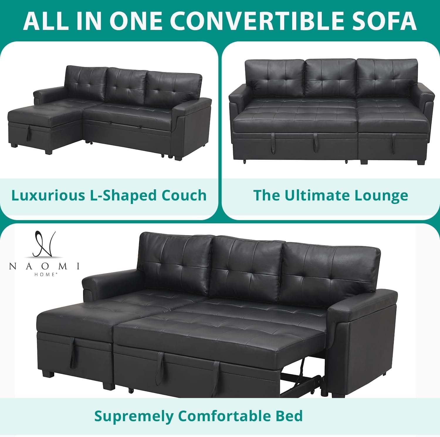 Naomi Home L Shaped Sectional Couch with Storage & Pull Out Bed – 3-in-1 Convertible Sleeper Sofa Bed, Small L Shape Sofa for Living Room, Sofa Bed with Storage Chaise in Black, Air Leather