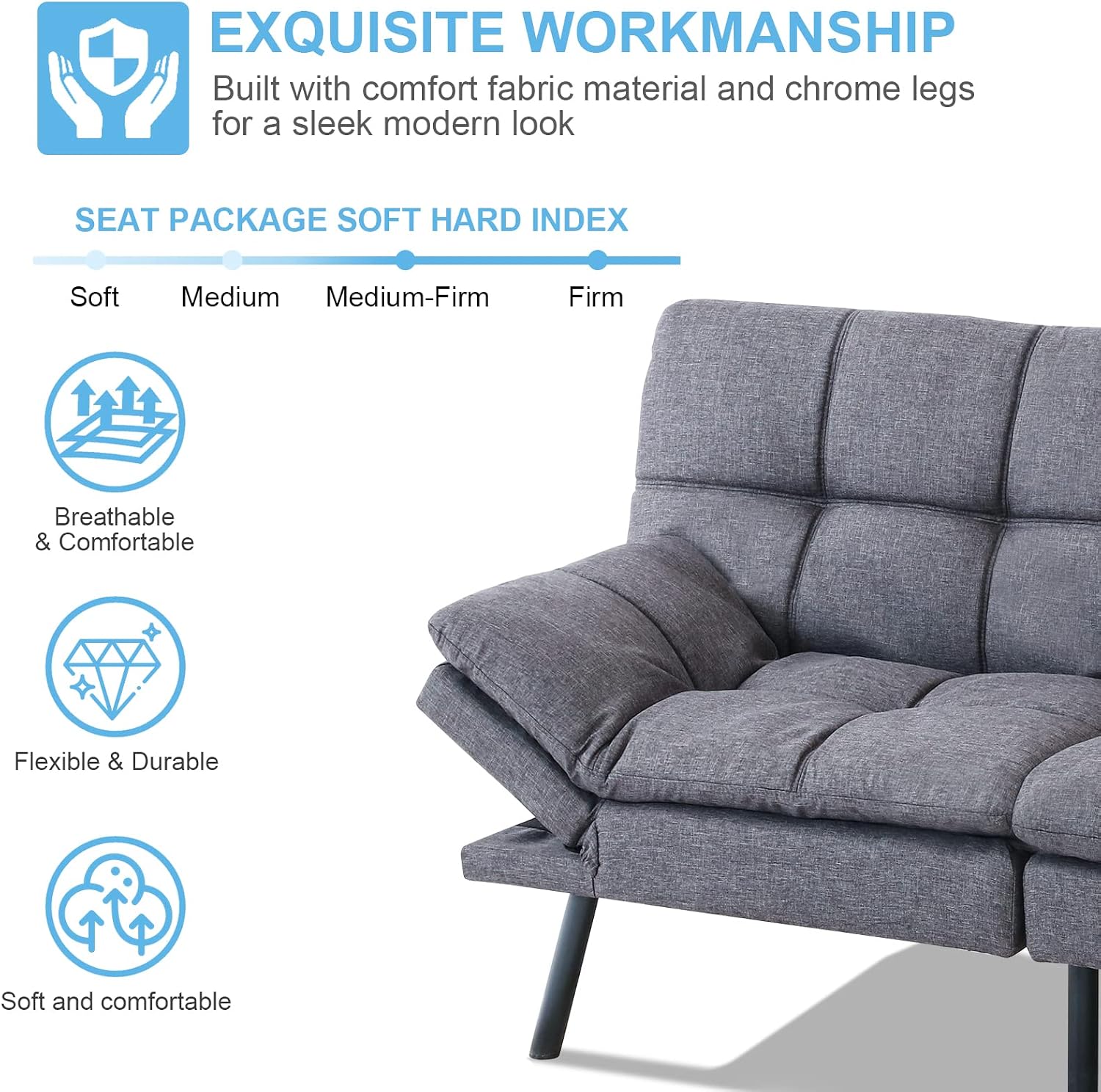 Opoiar Futon Convertible Sofa Bed With Memory Foam - Sleeper Loveseat, Breathable Linen, Adjustable Lounge Couch With Metal Legs for Compact Living Spaces, Dark Grey