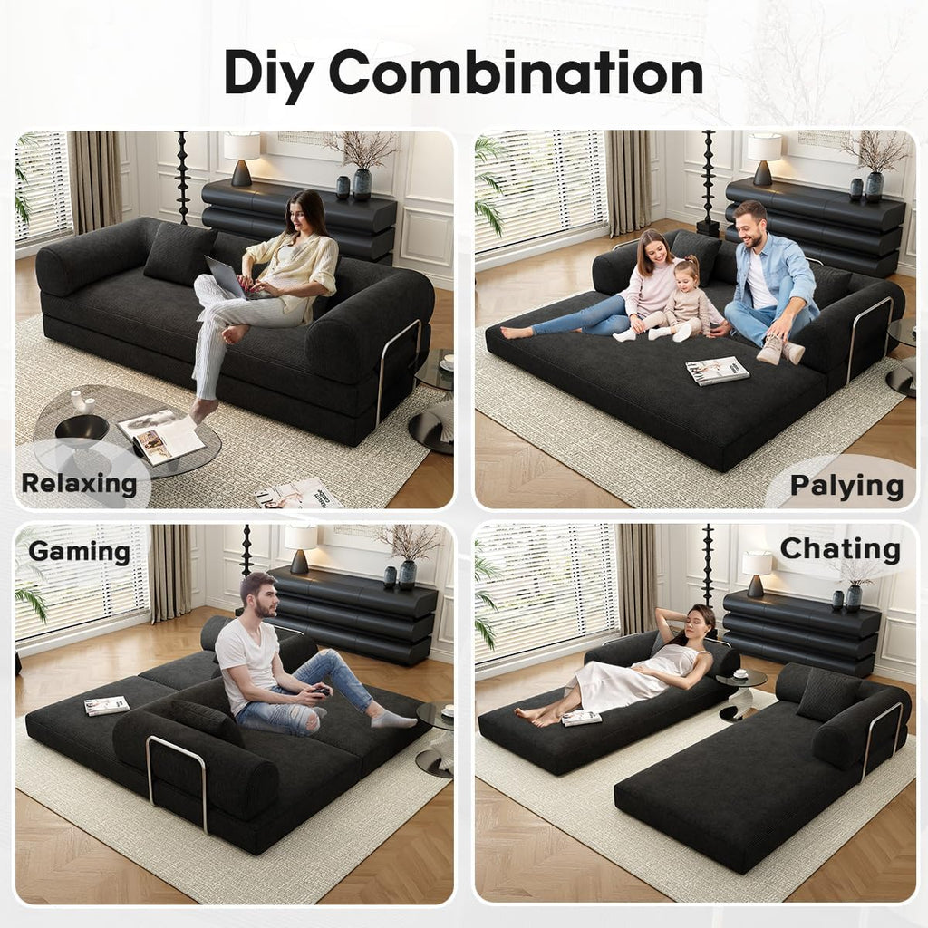 78.8' Modular Sofa Bed - 4-in-1 Convertible Design with Corduroy Fabric and High Density Sponge, Removable Cover and Fixed Frame