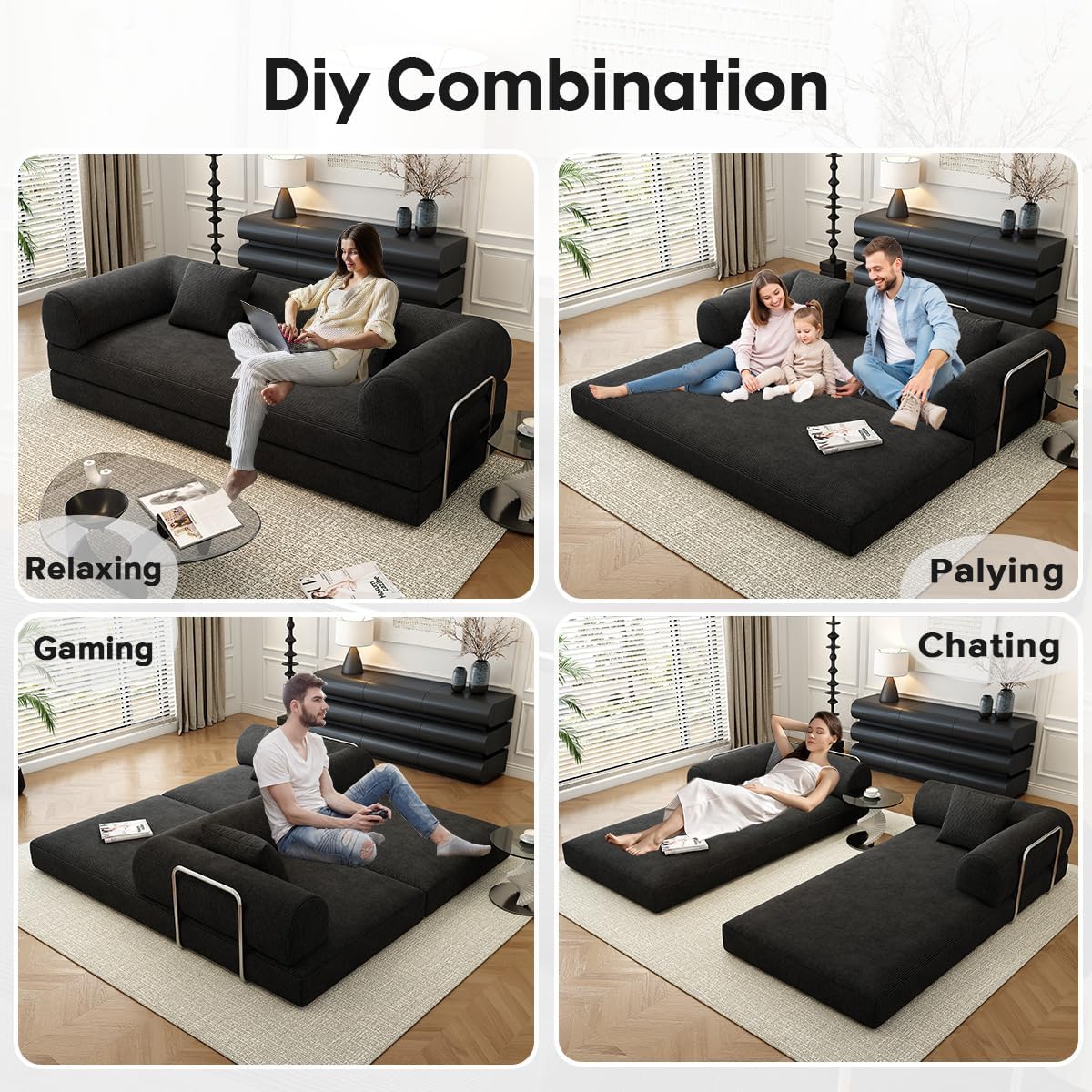78.8' Modular Sofa Bed - 4-in-1 Convertible Design with Corduroy Fabric and High Density Sponge, Removable Cover and Fixed Frame