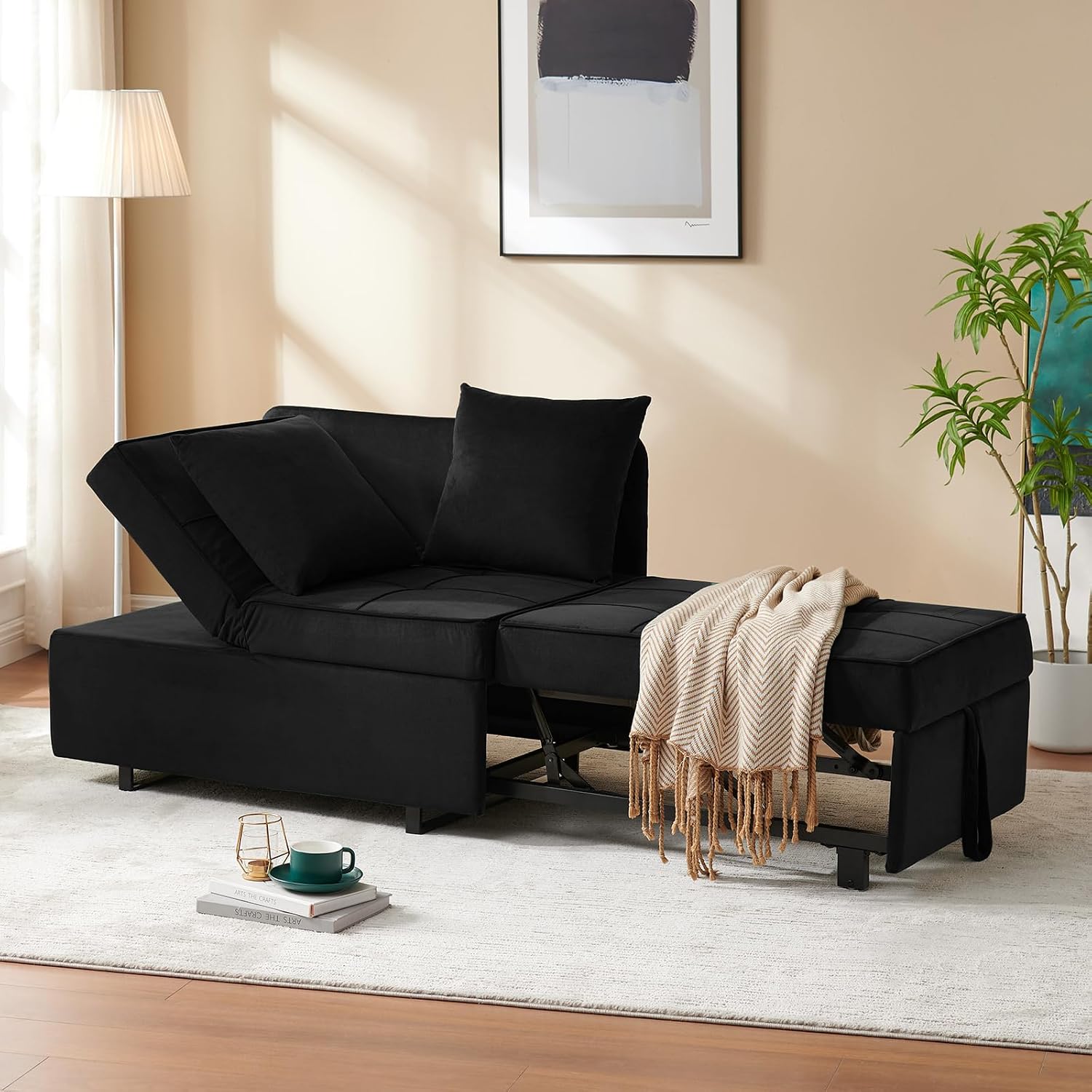 Sofa Bed 4-in-1 Convertible pull out Couch, Velvet Love seat Couch Sleeper Chair Bed with 2 Throw Pillow, Single Recliner with 5 Adjustable Backrests for Living Room Apartment Small Space, Black