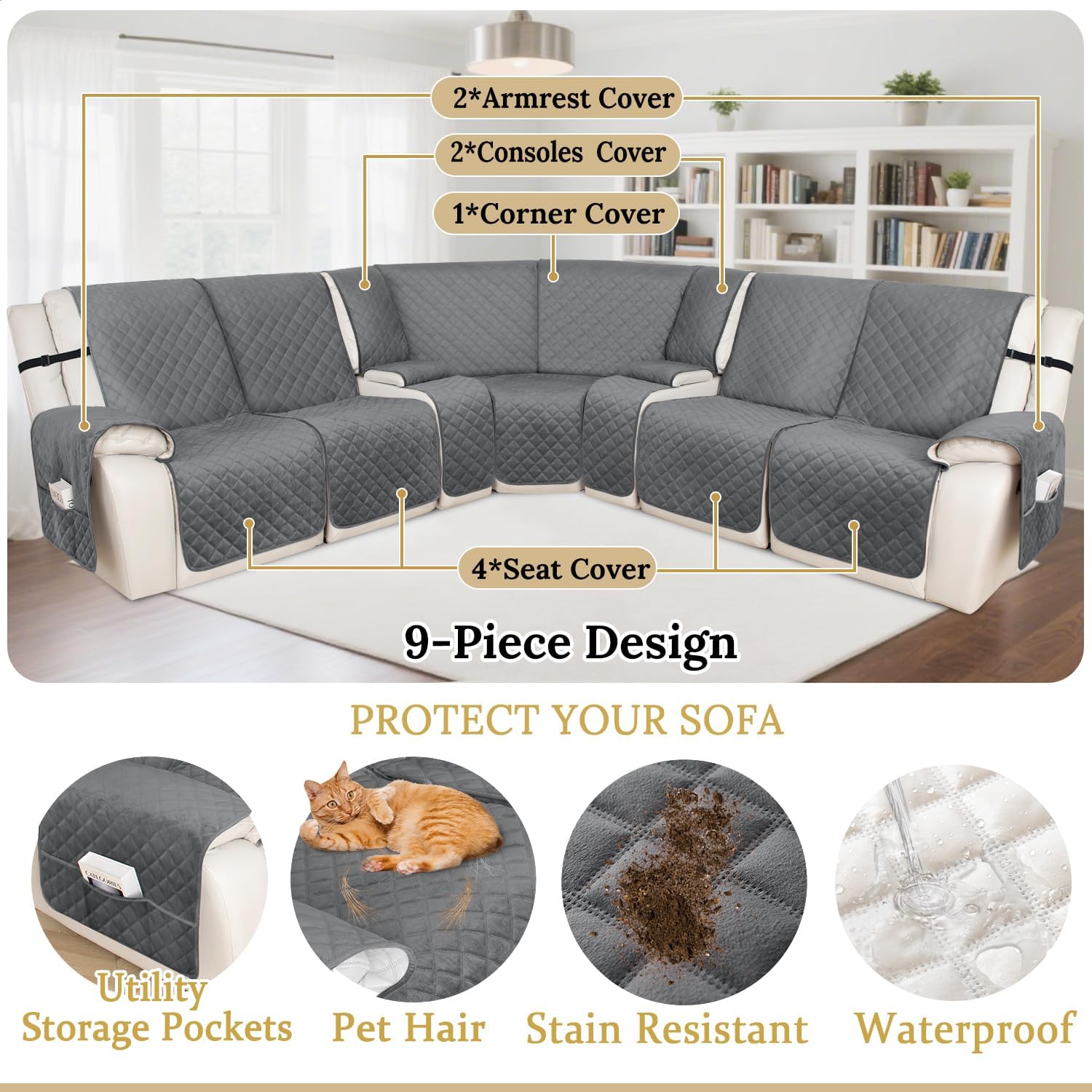 HDCAXKJ 100% Waterproof Velvet Recliner Sectional Couch Covers L Shaped Corner Reclining Sofa Cover Washable Thick Non Slip Sectional Slipcover with Pockets (5 Seat and 2 Middle Console, Dark Gray)