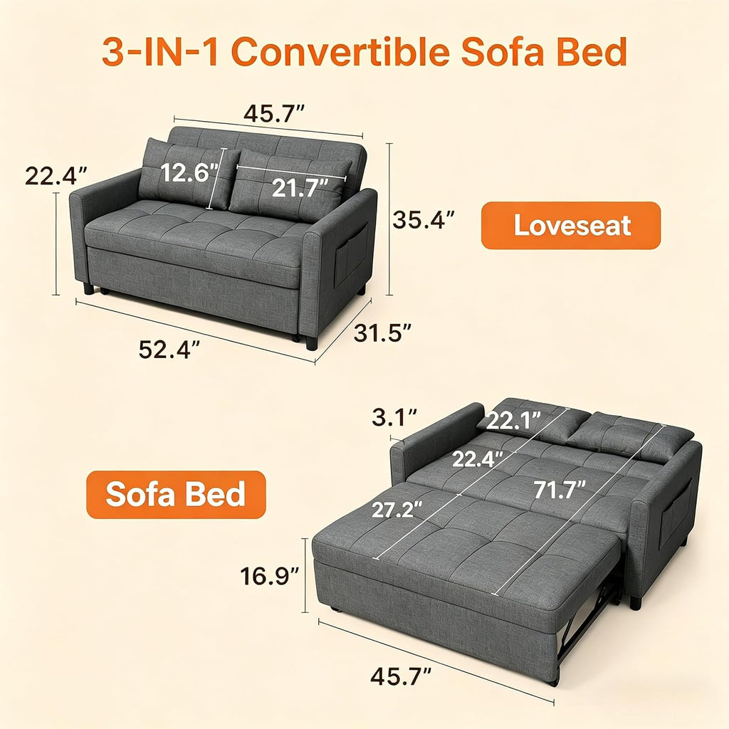 Gizoon 3-in-1 Convertible Loveseat Sleeper Couch Bed, 71.7' Extended Pull Out Sofa Bed, Linen Fabric Small Futon Sofa Bed with 2 Pillows for Apartment, Living Room, Bedroom, Dark Grey