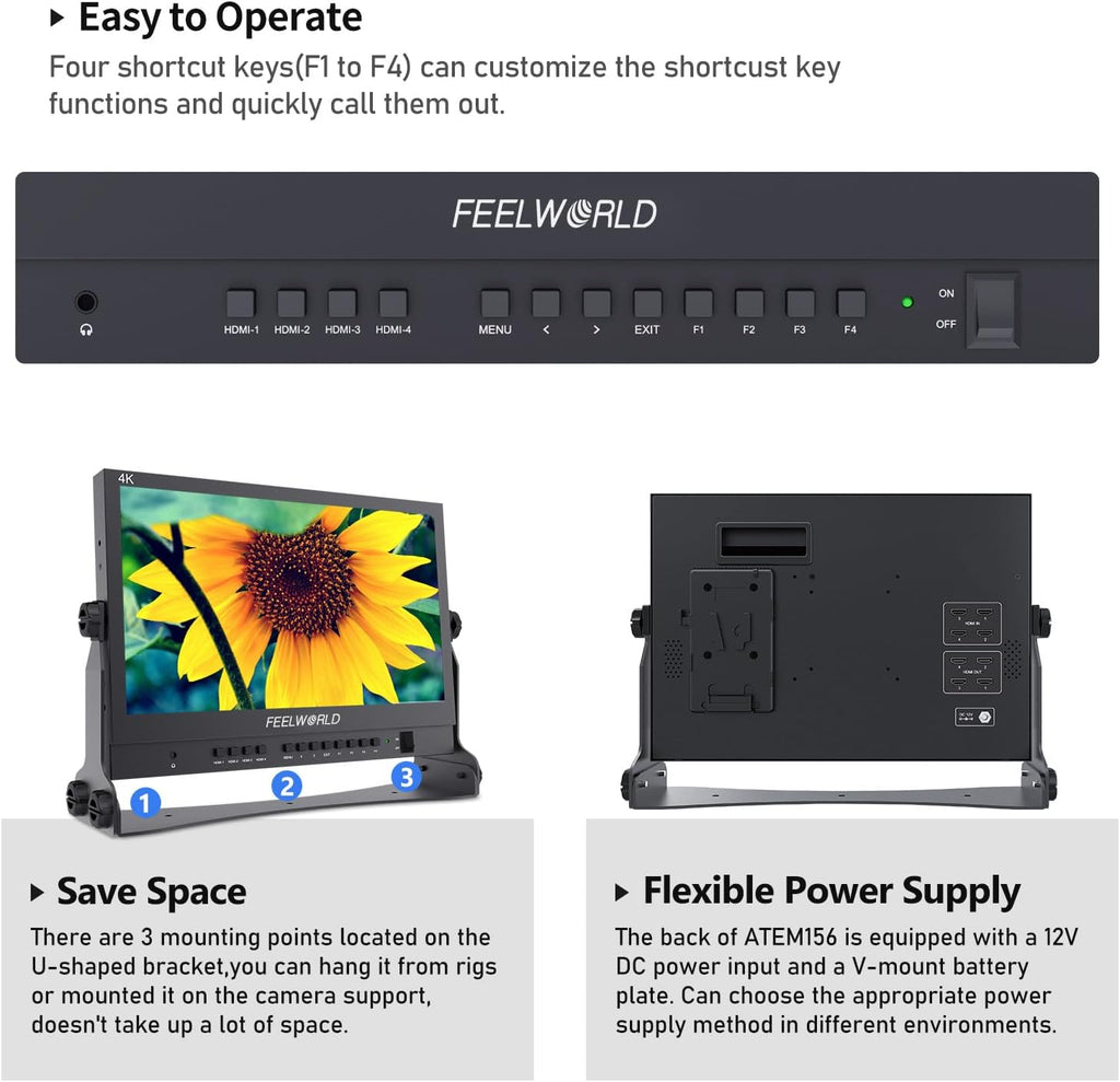 FEELWORLD ATEM156 Quad-Split Monitor 4K 15.6' Director's Monitor with 4 x HDMI I/O Live Streaming Broadcast Display Screen for Switchers, Mixer, Studio, Television