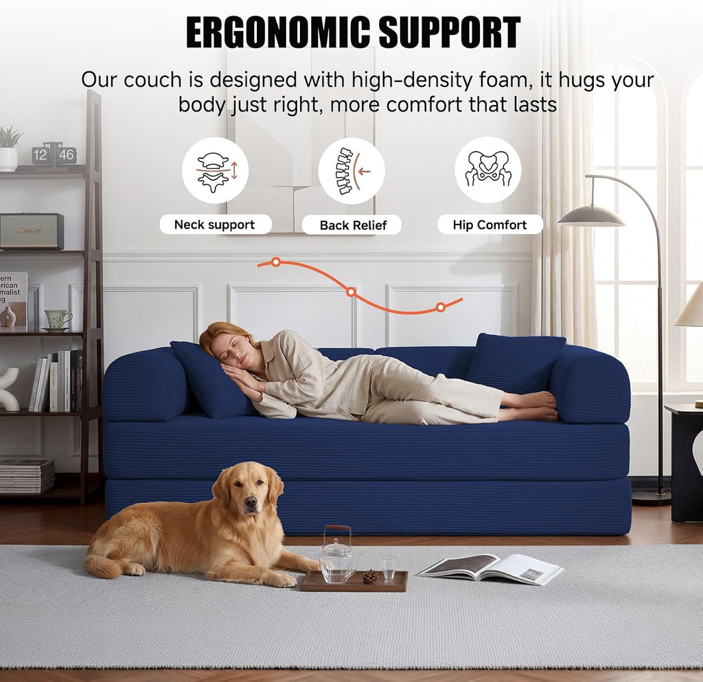 79' Compressed Sofa, Convertible Sofa Bed, Corduroy Compression Boneless Couch with Pillow, Comfy Modular Foldable Floor Sleeper Sofa for Bedroom, Living Room, Lounge, Studio (Dark Blue)