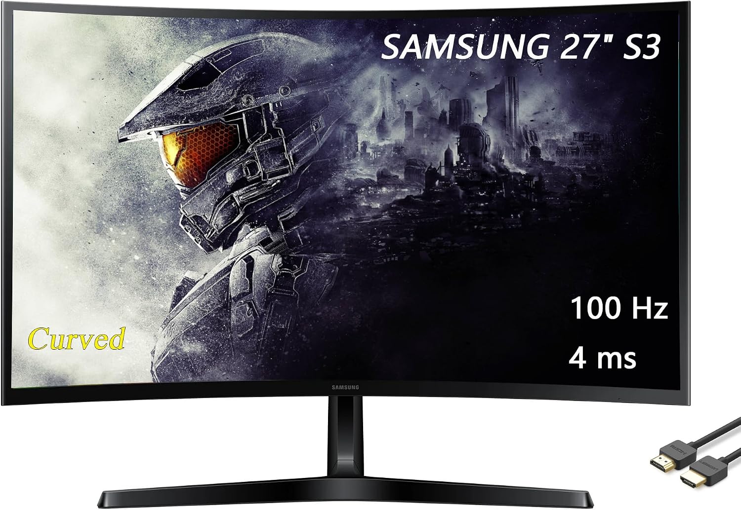 Samsung 27' Essential S3 Series FHD LED Curved Monitor, 1800R, Game Mode, 100Hz Refresh Rate, Dual Ports, Eye Comfort, Black, with HDMI Cable