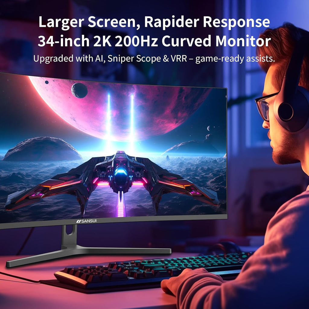 SANSUI 34-Inch Curved Gaming Monitor UWQHD 3440 x 1440P Up to 200Hz 165Hz Curved 1500R - PIP/PBP, OD 1ms, HDR, 300nits, sRGB 130%, DCI-P3 97%,AI Crosshair,HDMI2.1x2,DP1.4(Cable Included)