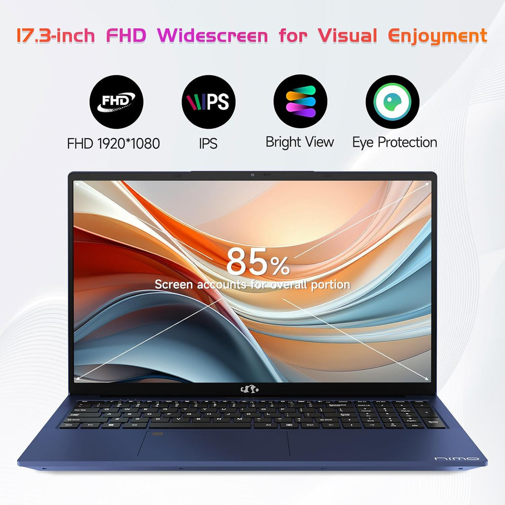 NIMO 17.3' IPS FHD-Laptop, Intel 6 Cores i3-1215U 64GB RAM 2TB SSD (Beat Ryzen 5 7520U, Up to 4.4GHz) Computer with 65W GaN Type C Backlit Keyboard Fingerprint, for Home Student and Business Blue