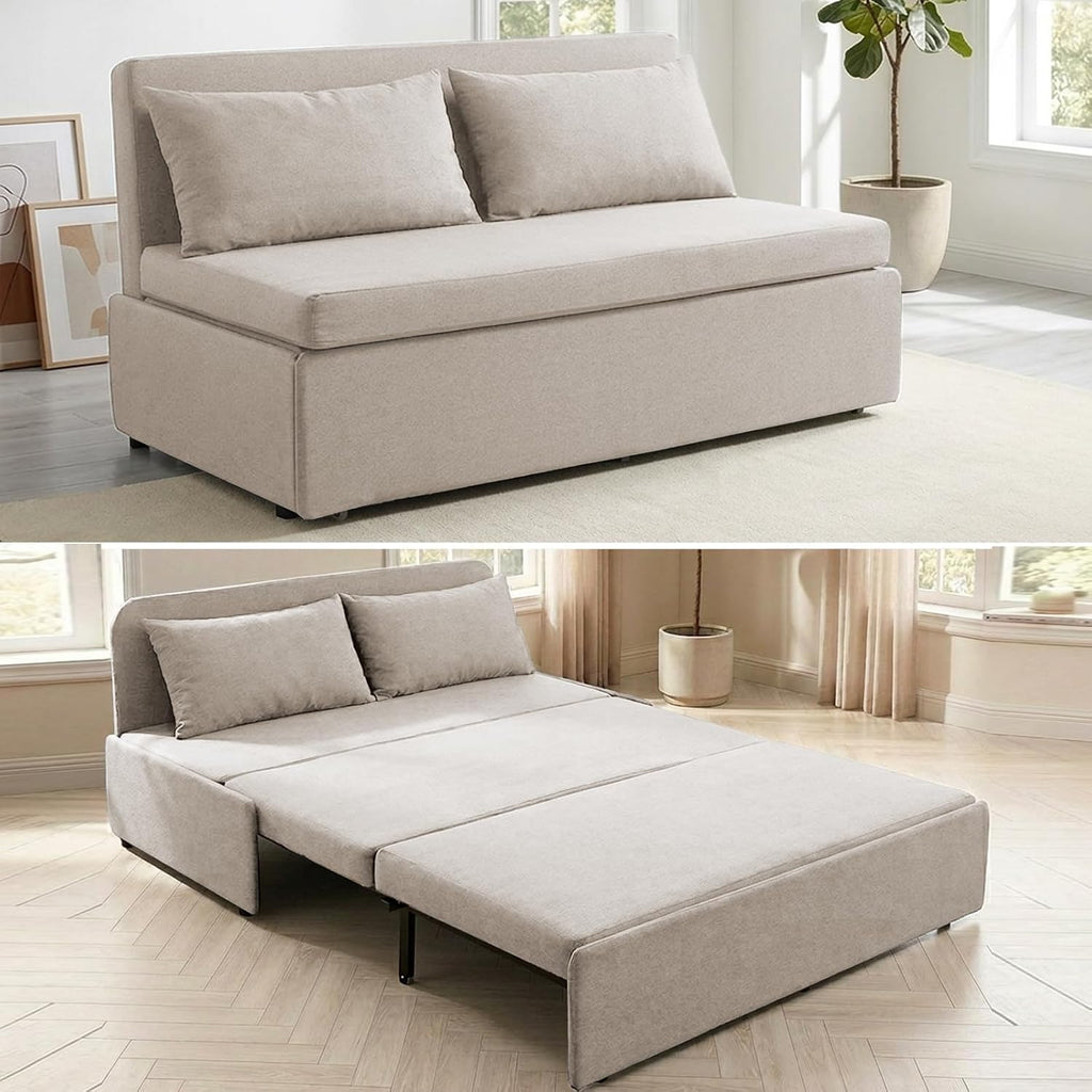 Mjkone 62' Width Pull Out Sleeper Sofa Bed Queen Size, 2-in-1 Modern Convertible Linen Sofa Sleeper Pull Out Couch Bed with Cushions & Throw Pillows for Living Room Home Office Small Place, Beige