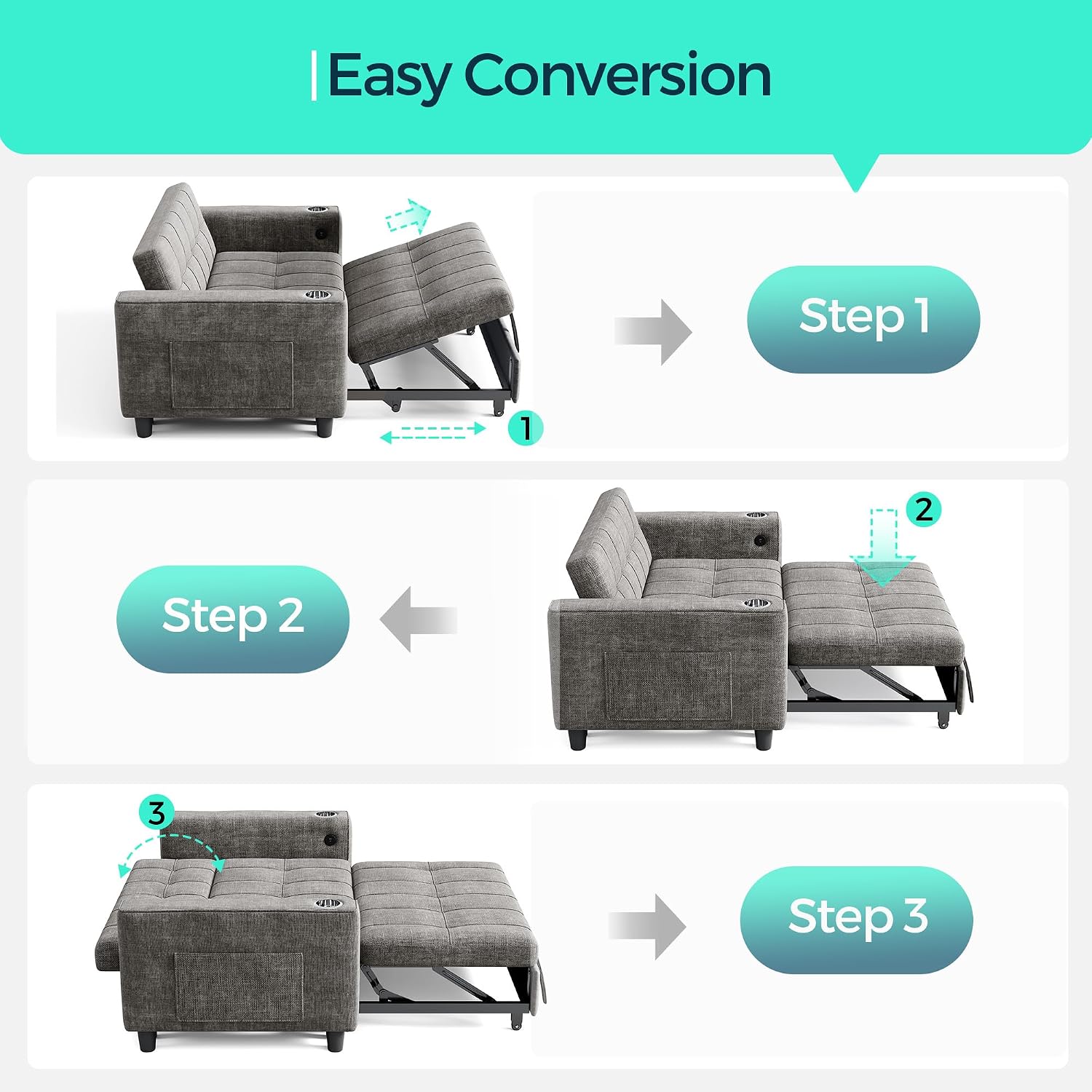 LINSY 3-in-1 Convertible Sofa Bed, 54' Pull Out Sleeper Sofa with Charging Station & Cup Holder, Small Folding Loveseat with Side Pocket for Small Space, Dark Gray