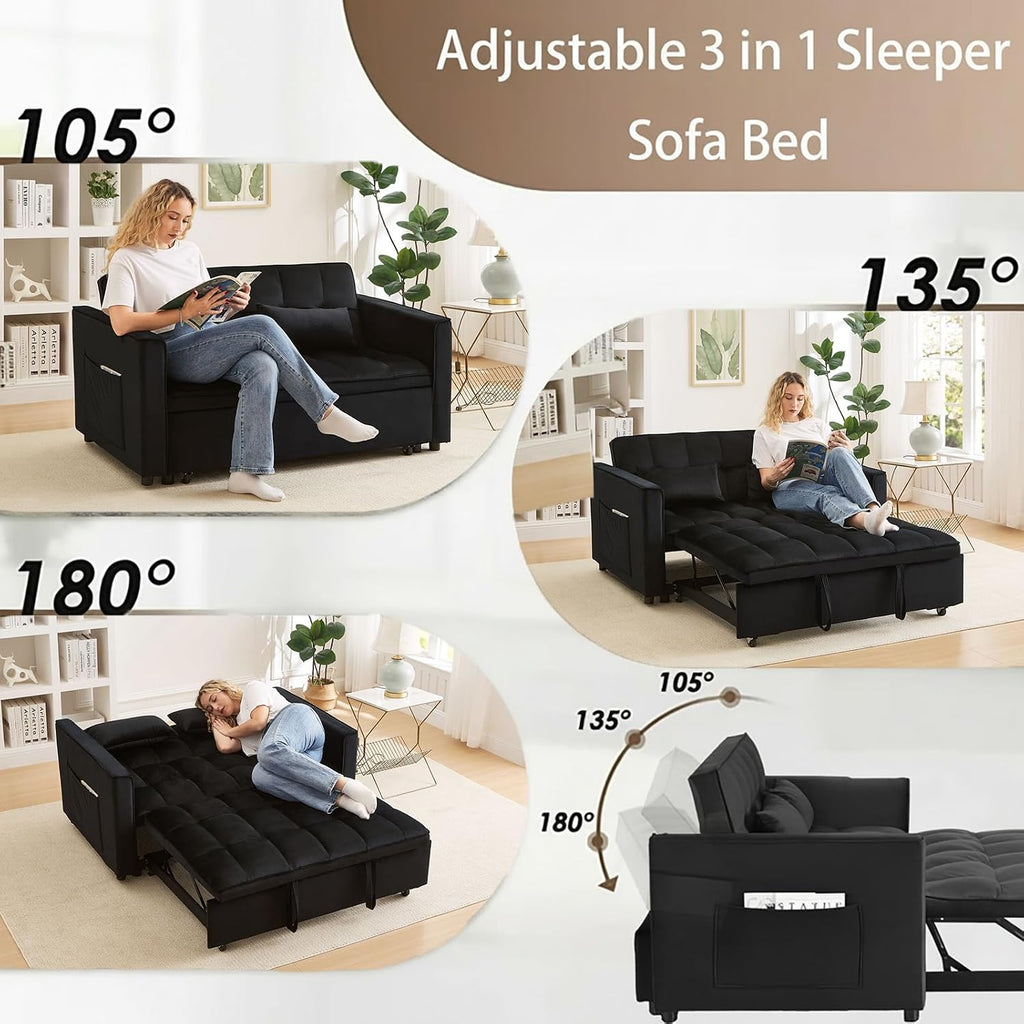 70' 3-in-1 Velvet Sleeper Sofa Bed, Convertible Pull Out Couch w/Adjustable Back, Armrests & Storage. Modern Black Futon for Living Room, Bedroom, Small Space - 2 Pillows Included Black