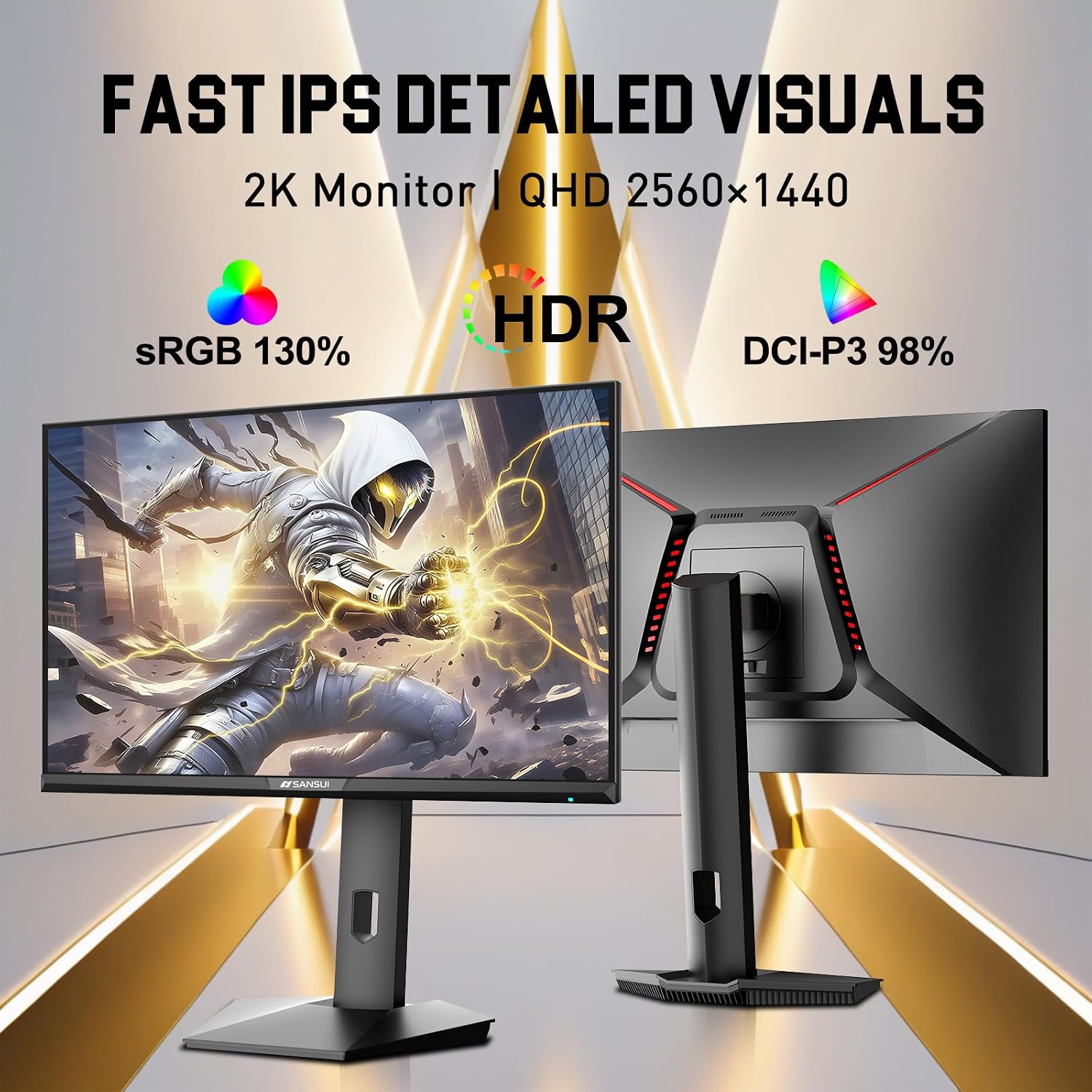 SANSUI 24.5 Inch Gaming Monitor QHD 1440P 300Hz 240Hz, 1ms Fast IPS Computer Monitor, 2× HDMI 2.1 Up to 300Hz, 2× DP 1.4 Up to 300Hz, 130% sRGB Eye Care VESA Support (DP Cable Included ES-G25F6Q Pro)
