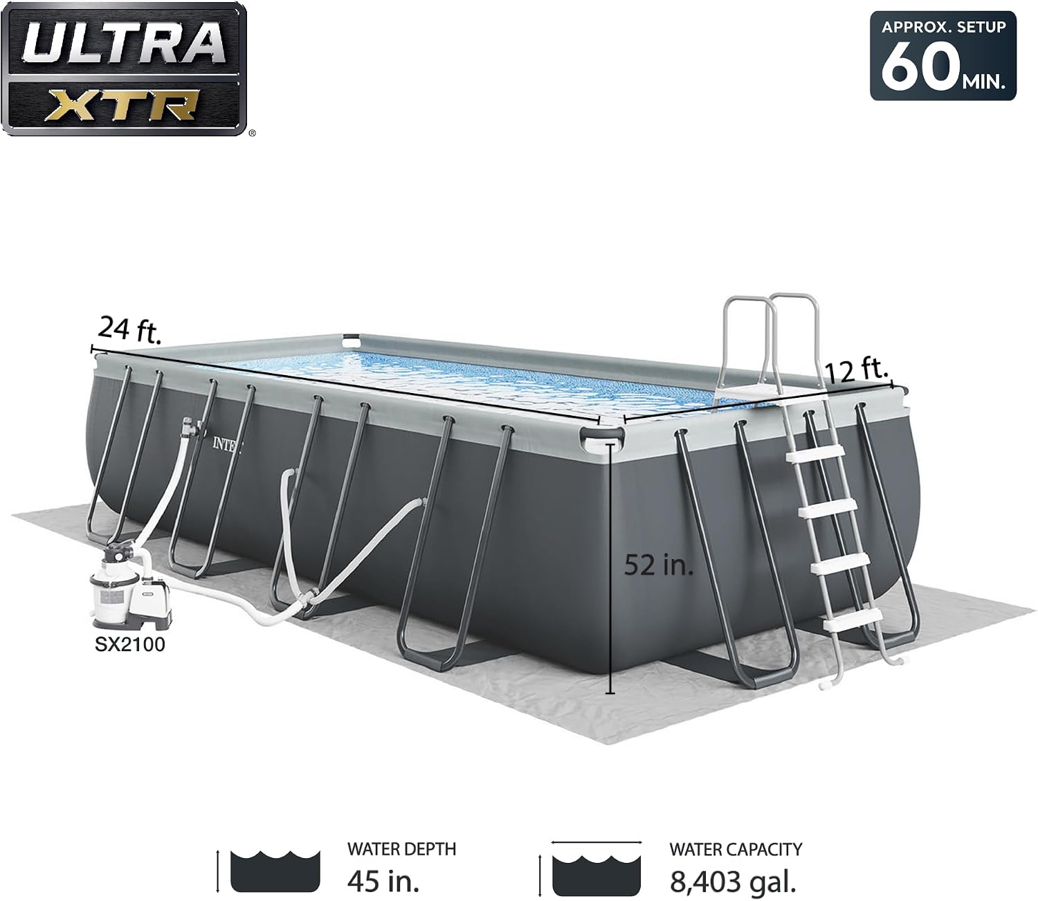 INTEX 26363EH Ultra XTR 24ft x 12ft x 52in Above Ground Swimming Pool Set with Sand Filter Pump and Protective Pool Canopy