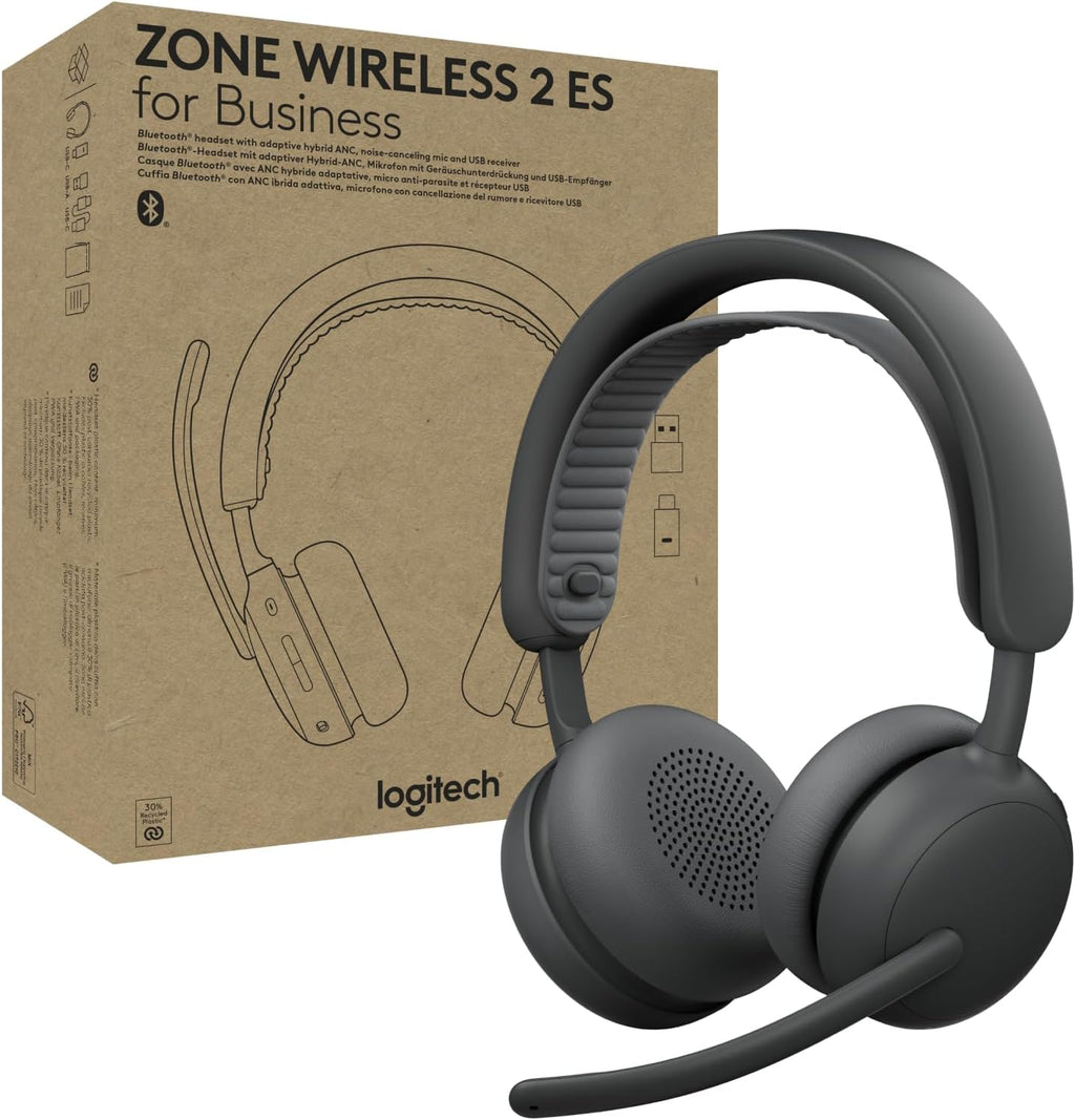 Logitech Zone Wireless 2 ES for Business - Noise-Canceling Wireless Headset with Adaptive Hybrid ANC, Bluetooth, USB-C & USB-A, Zoom & Google Certified - Graphite