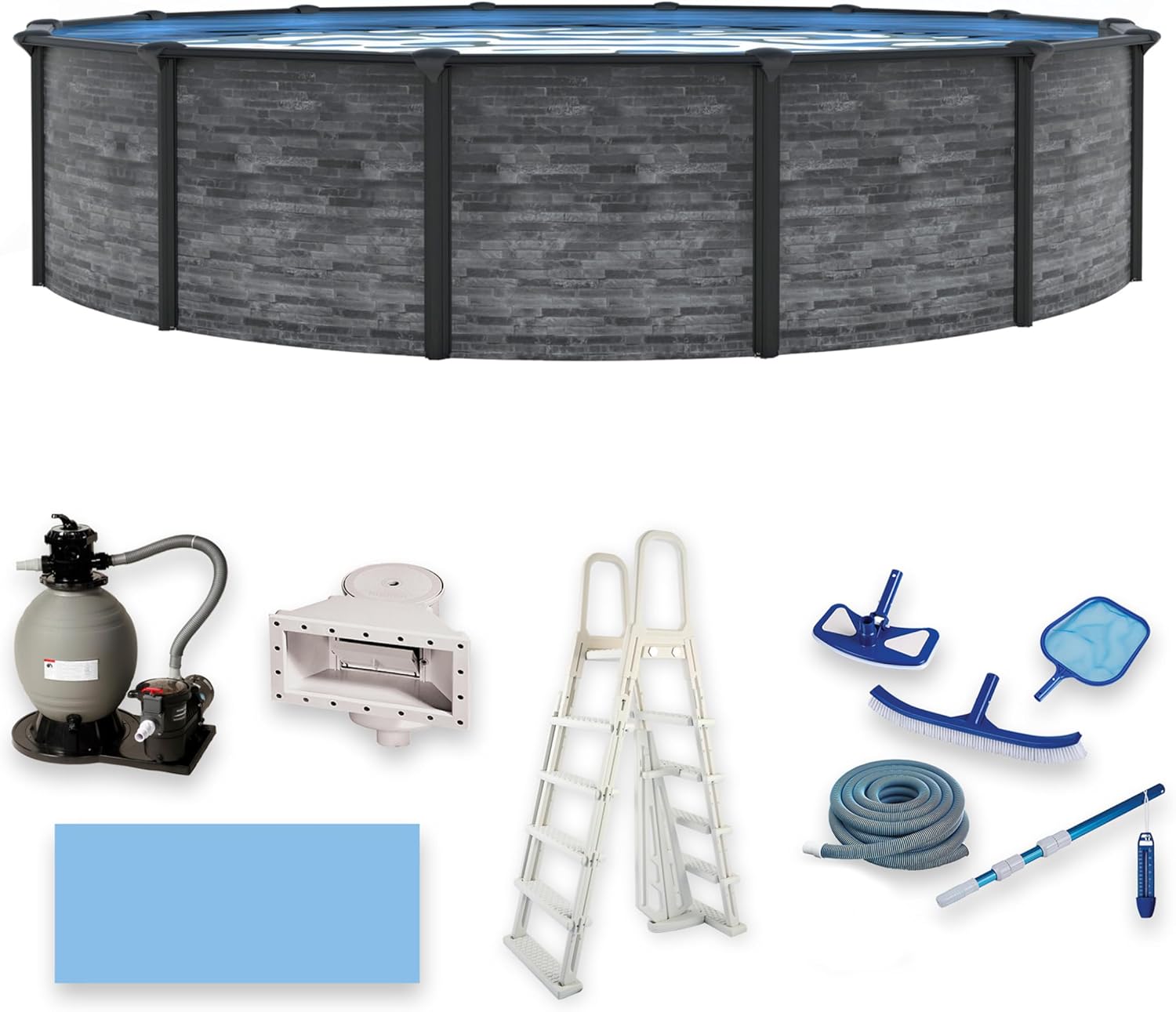 Blue Wave Marbella 15-ft Round 52-in Deep Above Ground Swimming Pool – with Steel Wall & Top Rails, Sand Filter, Overlap Liner, A-Frame Ladder & Maintenance Kit – Complete Outdoor Pool Accessories