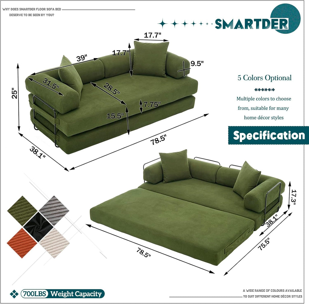 Convertible Folding Sofa Bed, Modular Floor Sofa with Removable Backrest, 3-Seater Fold Out Couch Bed with Pillows, King Size Futon Lazy Couch Corduroy Sleeper for Living Room, Dorm, Green